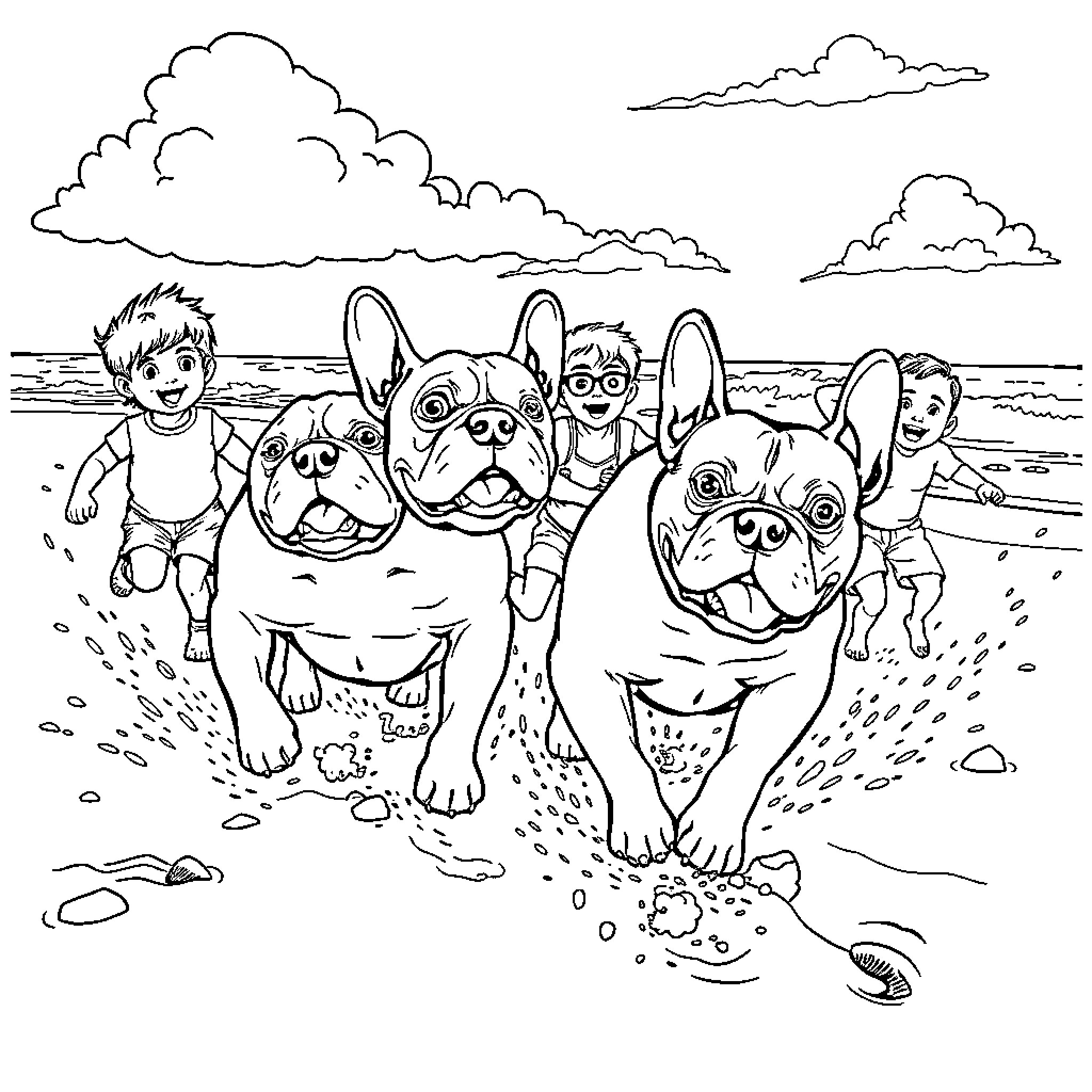 English Bulldogs playing joyfully on the beach Coloring Page (free black-and-white line drawing printable PDF for all, from beginners to advanced learners, including children, teens, adults, and seniors)