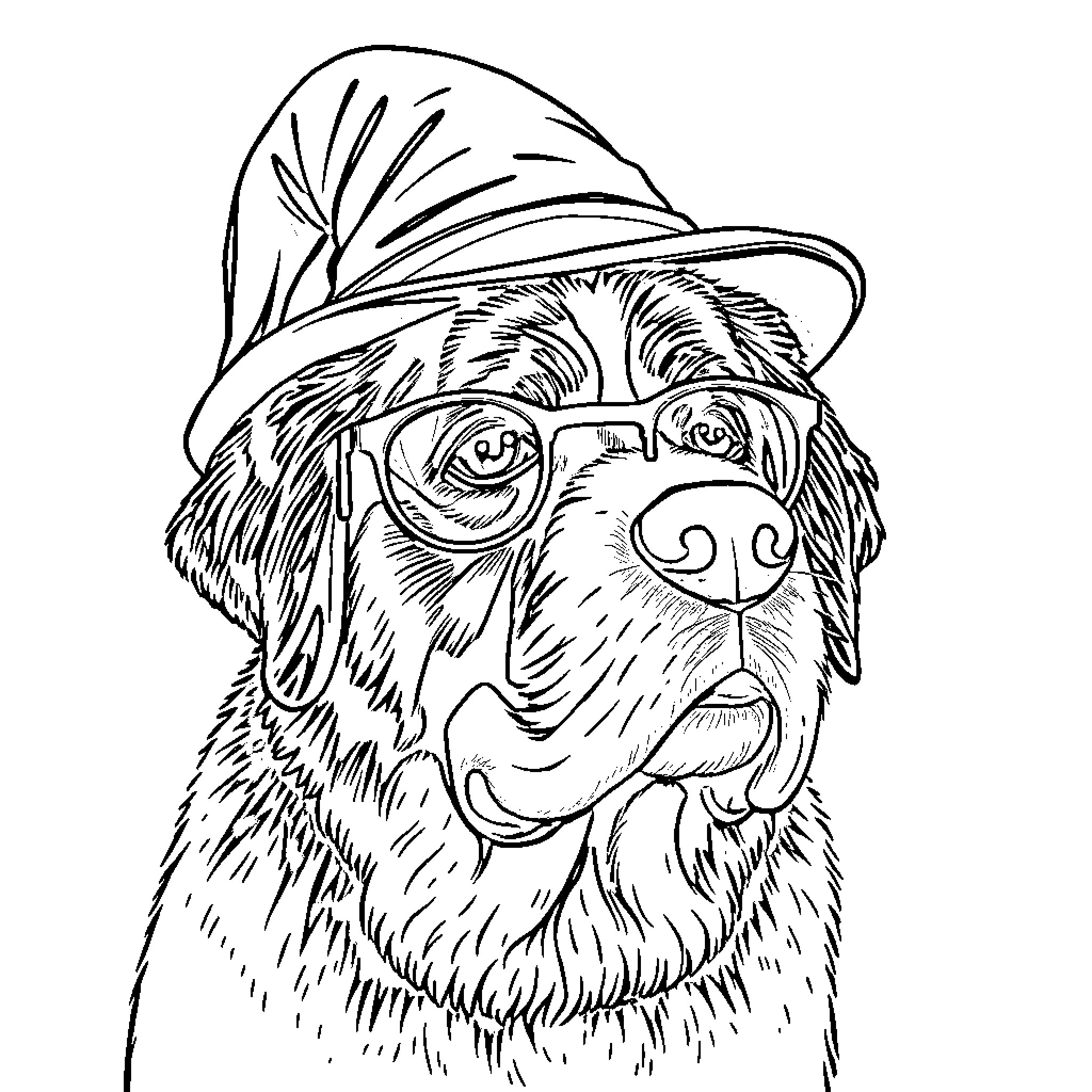 Saint Bernard wearing a hat Coloring Page (free black-and-white line drawing printable PDF for all, from beginners to advanced learners, including children, teens, adults, and seniors)