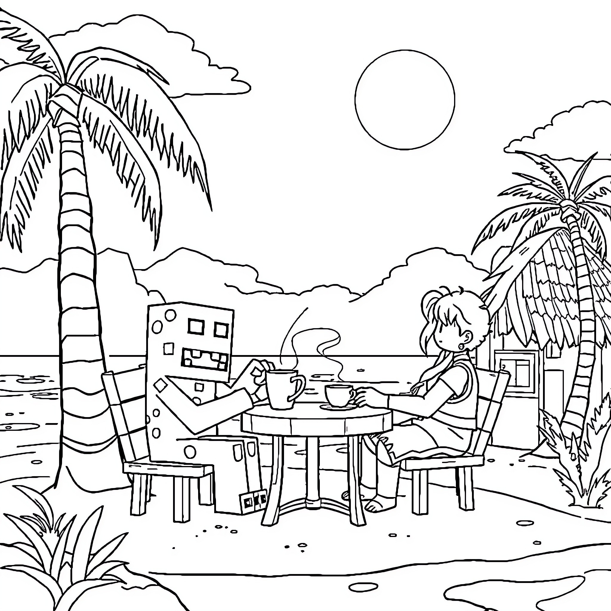 Creeper enjoying a peaceful day by the beach Coloring Page (free black-and-white line drawing printable PDF for all, from beginners to advanced learners, including children, teens, adults, and seniors)