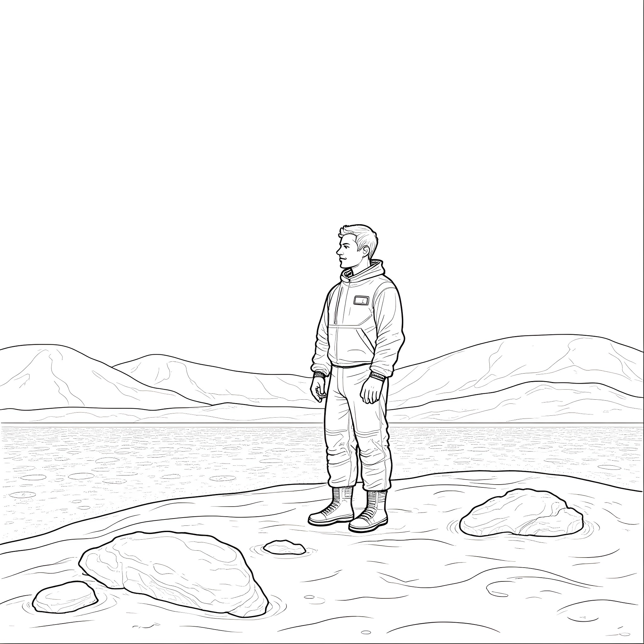 Stephen Buoncore exploring the rugged terrain Coloring Page (free black-and-white line drawing printable PDF for all, from beginners to advanced learners, including children, teens, adults, and seniors)