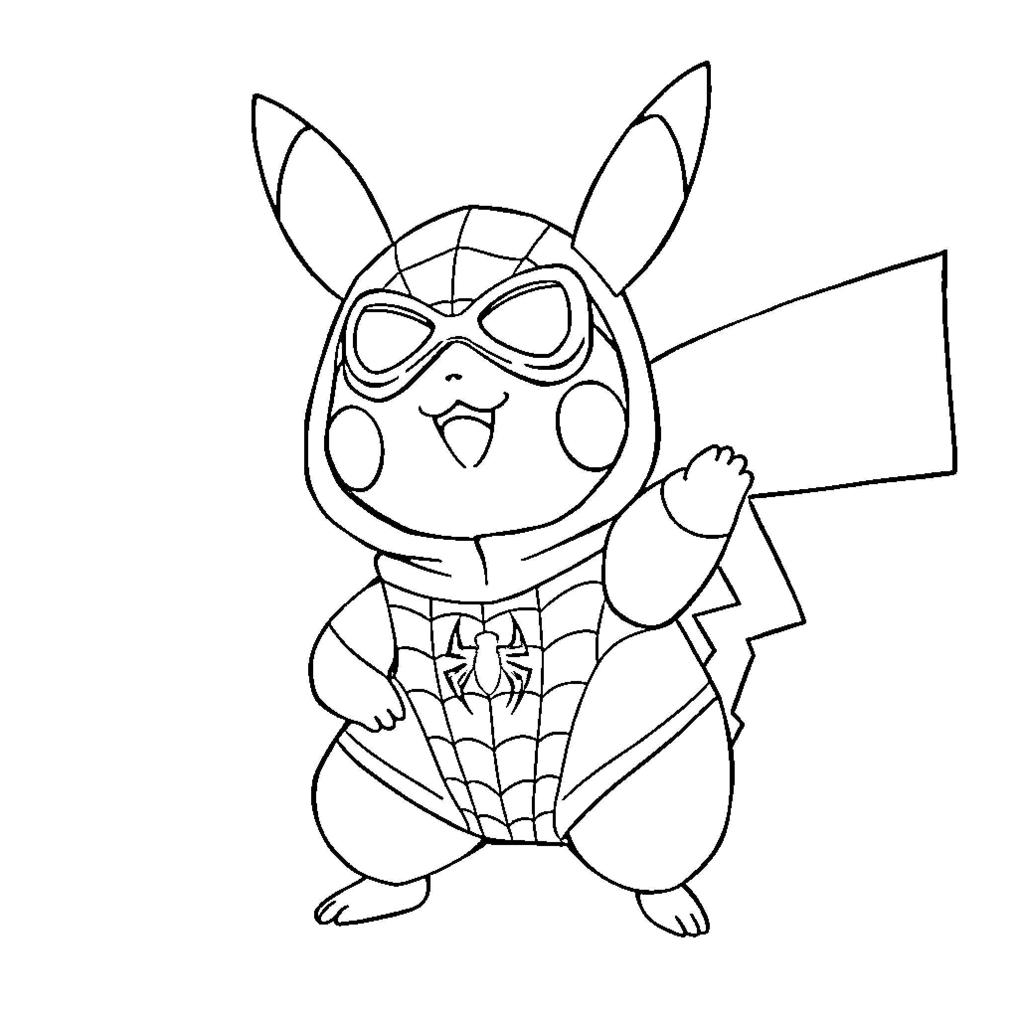 Pikachu dressed as a superhero Coloring Page (free black-and-white line drawing printable PDF for all, from beginners to advanced learners, including children, teens, adults, and seniors)