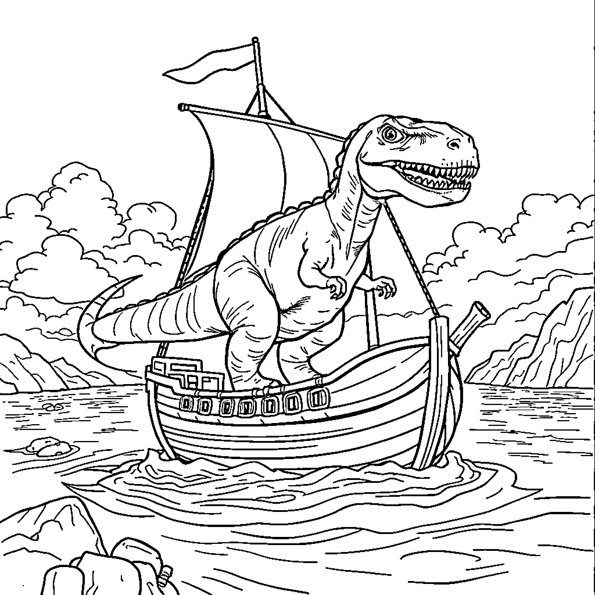Dinosaur sailing a ship on the high seas Coloring Page (free black-and-white line drawing printable PDF for all, from beginners to advanced learners, including children, teens, adults, and seniors)