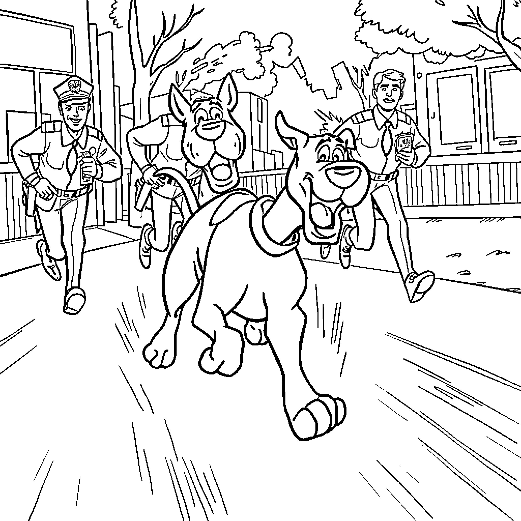 Scooby Doo and friends on an exciting adventure Coloring Page (free black-and-white line drawing printable PDF for all, from beginners to advanced learners, including children, teens, adults, and seniors)