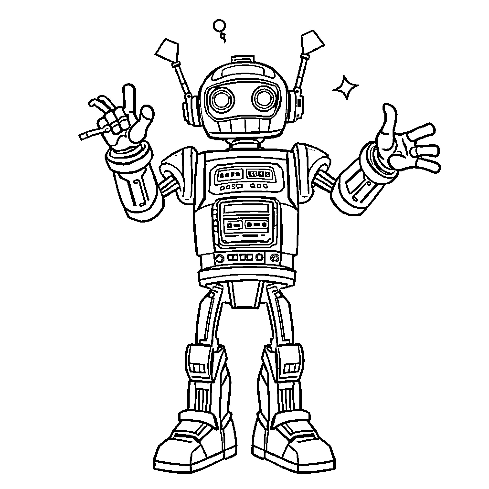 Robot waving and expressing joy Coloring Page (free black-and-white line drawing printable PDF for all, from beginners to advanced learners, including children, teens, adults, and seniors)