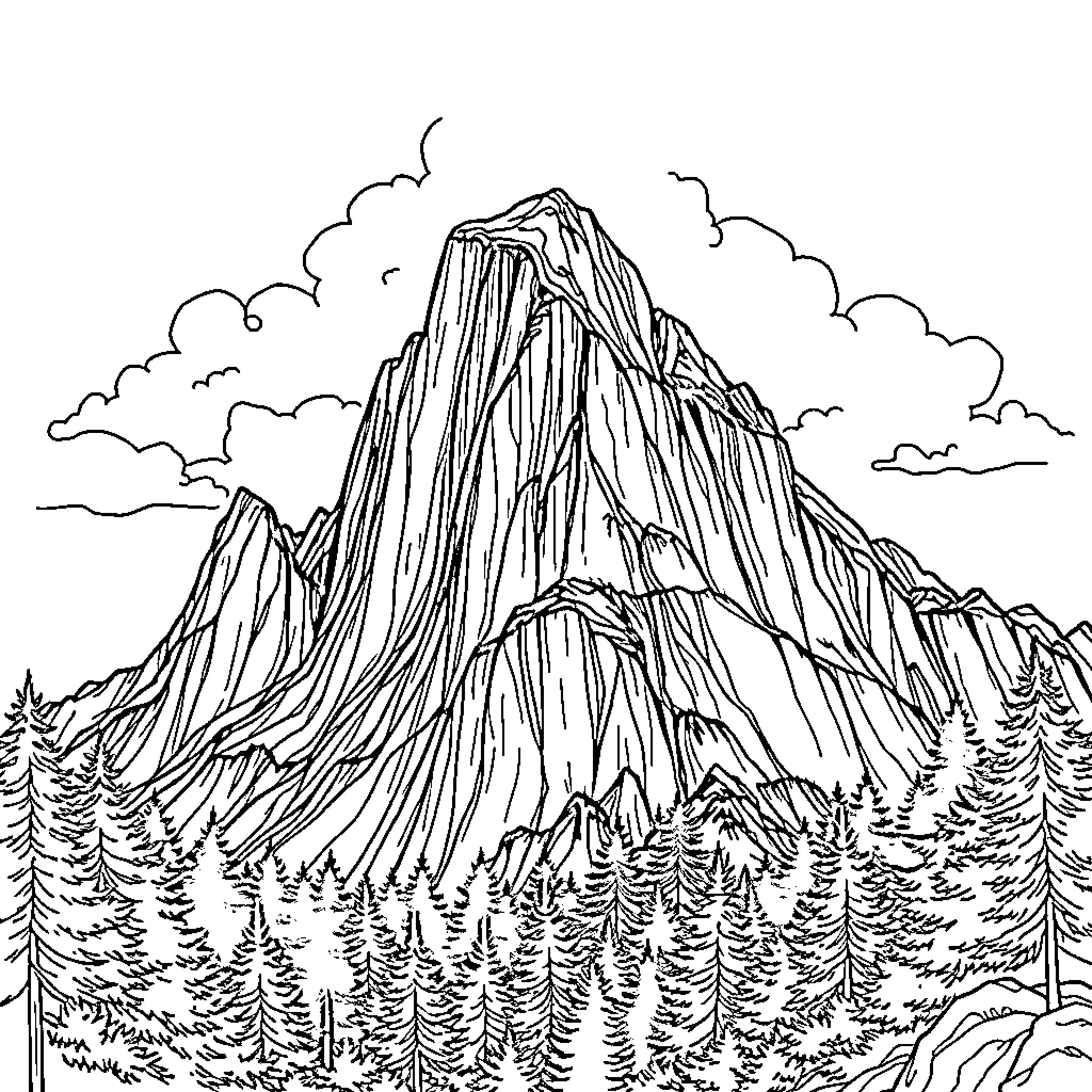 Mountain landscape with dramatic peaks and pine trees Coloring Page (free black-and-white line drawing printable PDF for all, from beginners to advanced learners, including children, teens, adults, and seniors)