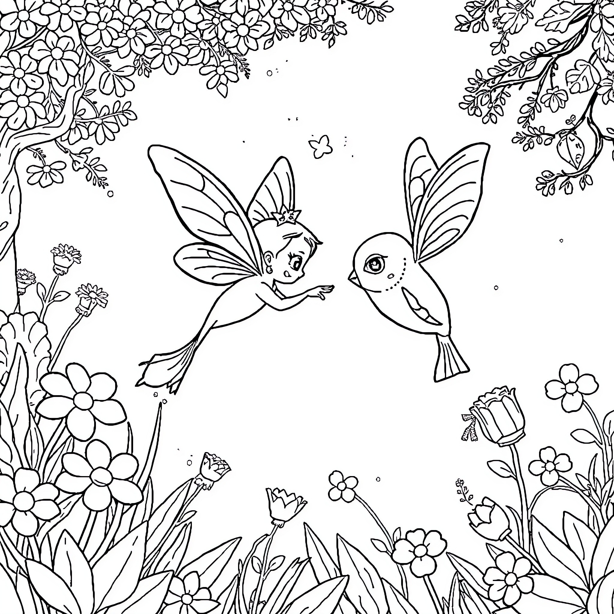 Ghost fairies playing in a flowery meadow Coloring Page (free black-and-white line drawing printable PDF for all, from beginners to advanced learners, including children, teens, adults, and seniors)