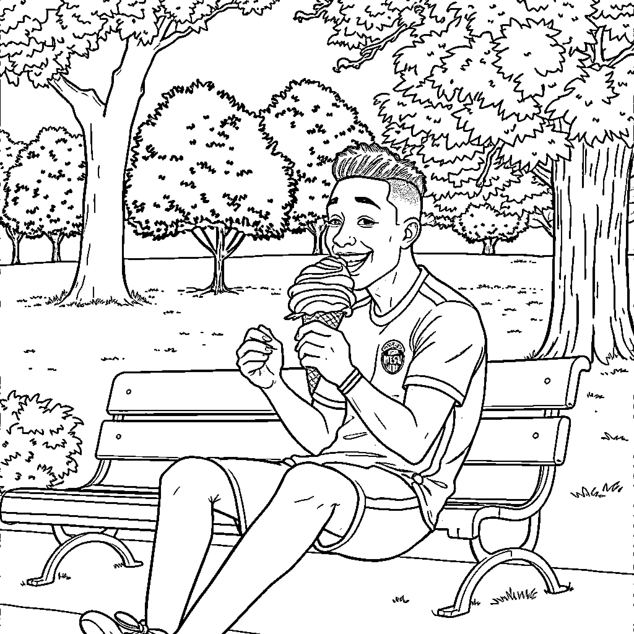 Mbappe enjoying an ice cream on a park bench Coloring Page (free black-and-white line drawing printable PDF for all, from beginners to advanced learners, including children, teens, adults, and seniors)