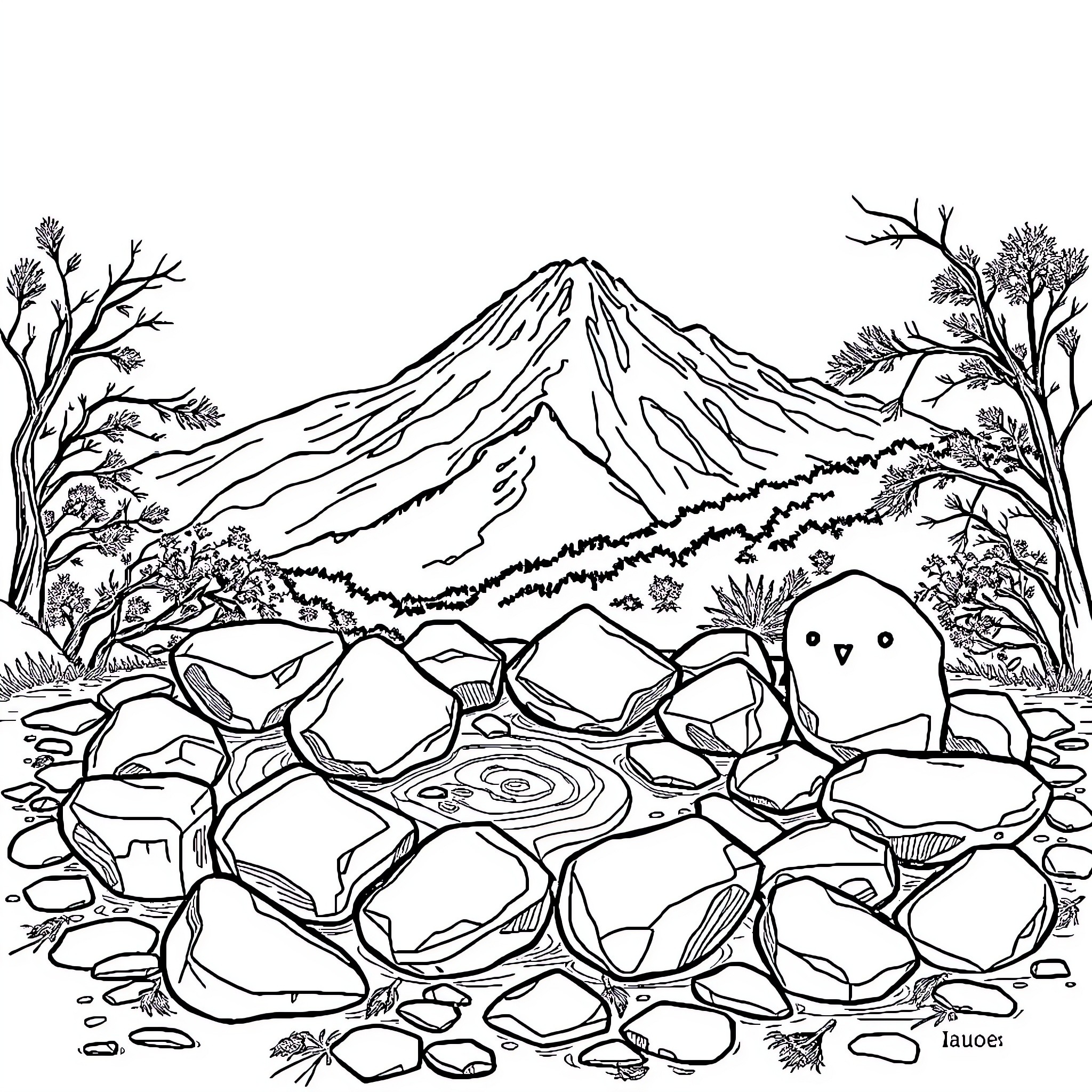 Piedra in the Serene Mountain Landscape Coloring Page (free black-and-white line drawing printable PDF for all, from beginners to advanced learners, including children, teens, adults, and seniors)