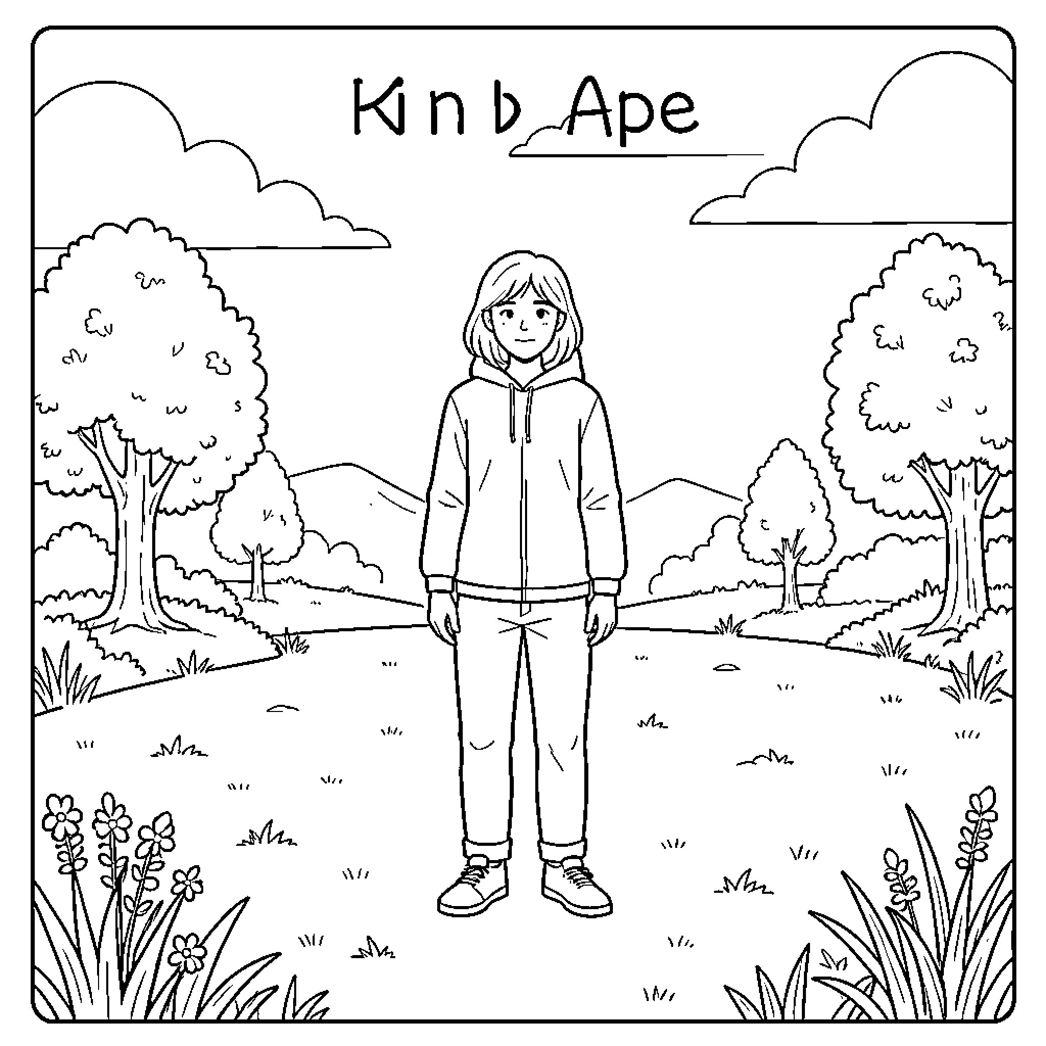 UNknown person standing calmly in a peaceful meadow Coloring Page (free black-and-white line drawing printable PDF for all, from beginners to advanced learners, including children, teens, adults, and seniors)