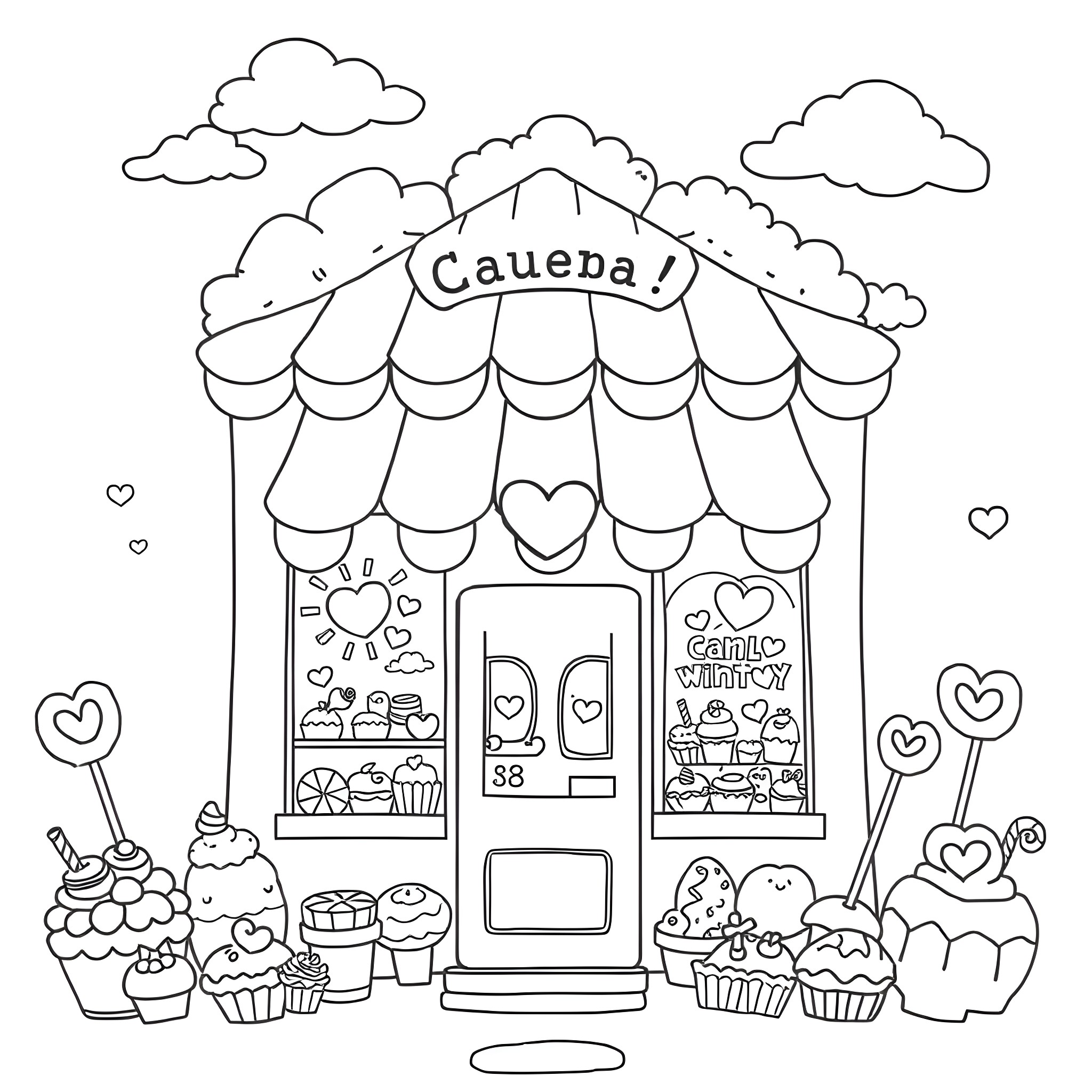 Candy Shop with Cupcakes and Sweets Coloring Page (free black-and-white line drawing printable PDF for all, from beginners to advanced learners, including children, teens, adults, and seniors)