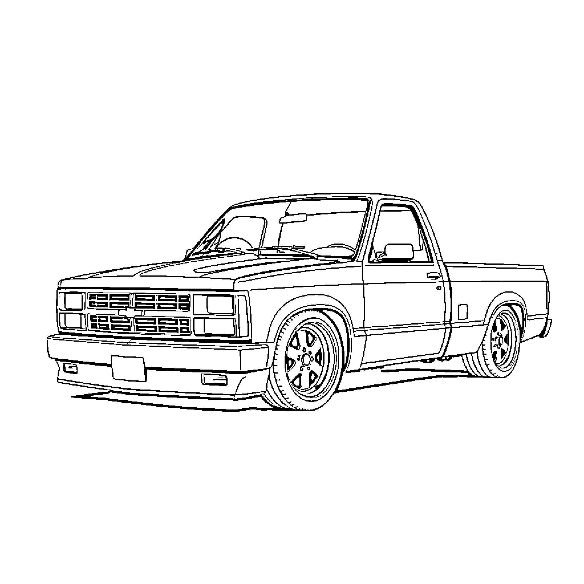 S10 Pickup Truck with Customized Appearance Coloring Page (free black-and-white line drawing printable PDF for all, from beginners to advanced learners, including children, teens, adults, and seniors)