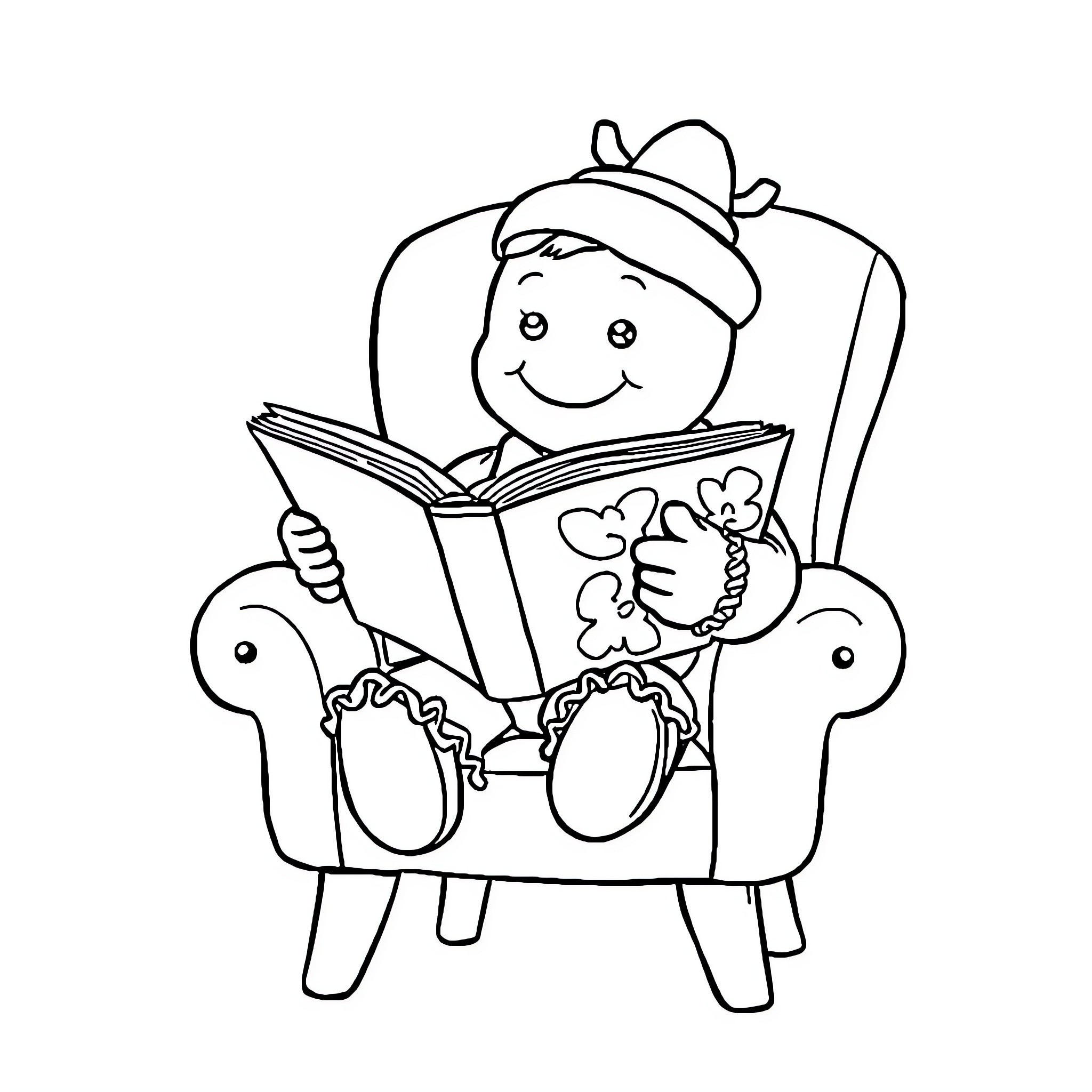 Gingerbread Man reading a book in a chair Coloring Page (free black-and-white line drawing printable PDF for all, from beginners to advanced learners, including children, teens, adults, and seniors)