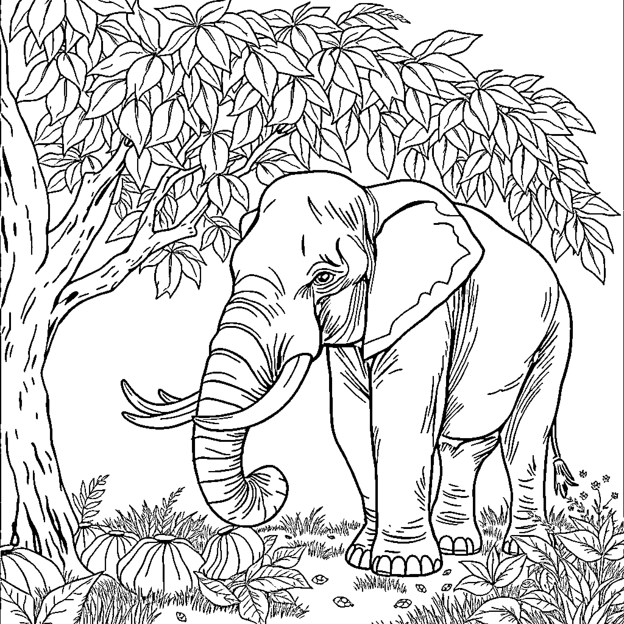Elephant standing amidst lush foliage Coloring Page (free black-and-white line drawing printable PDF for all, from beginners to advanced learners, including children, teens, adults, and seniors)