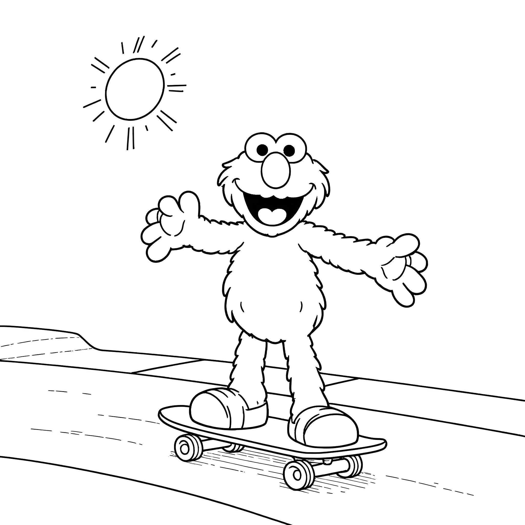 Elmo skateboarding happily under the sun Coloring Page (free black-and-white line drawing printable PDF for all, from beginners to advanced learners, including children, teens, adults, and seniors)