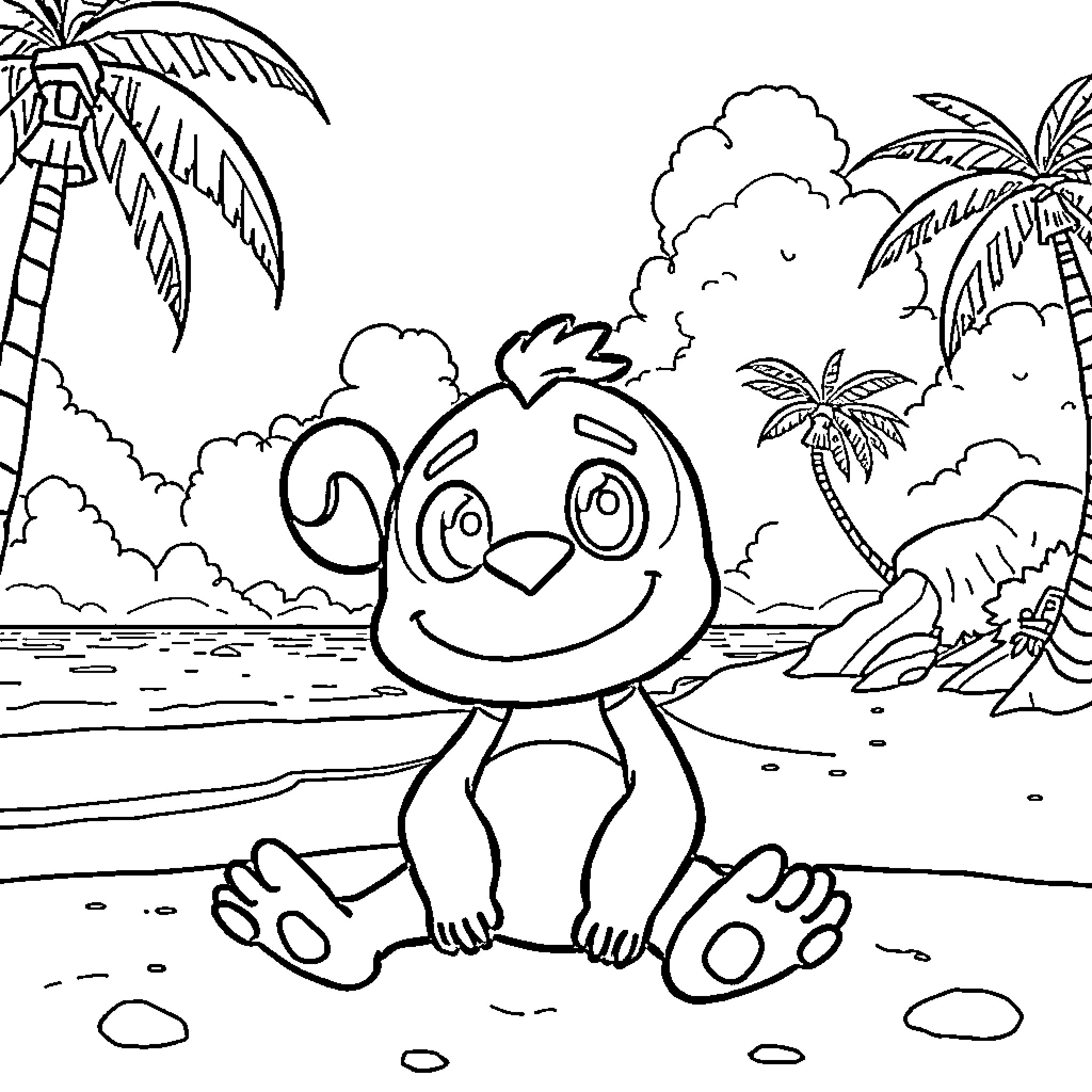Tick Cartoon Character on Tropical Beach Coloring Page (free black-and-white line drawing printable PDF for all, from beginners to advanced learners, including children, teens, adults, and seniors)