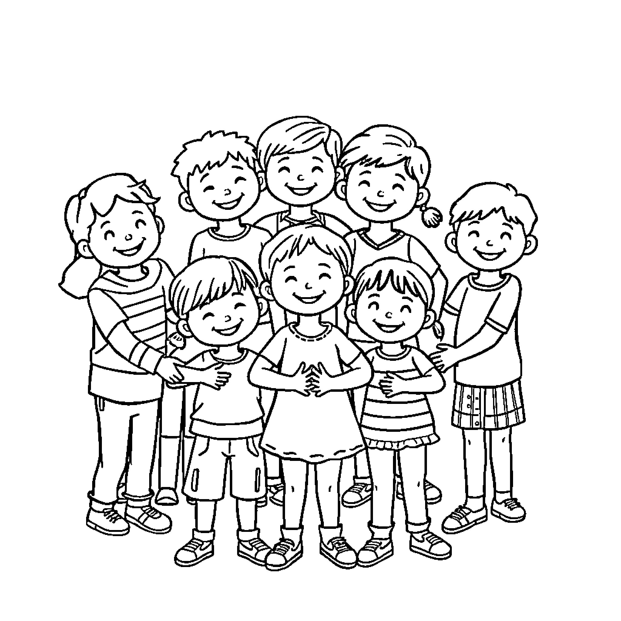 Kid friends gather happily in group Coloring Page (free black-and-white line drawing printable PDF for all, from beginners to advanced learners, including children, teens, adults, and seniors)