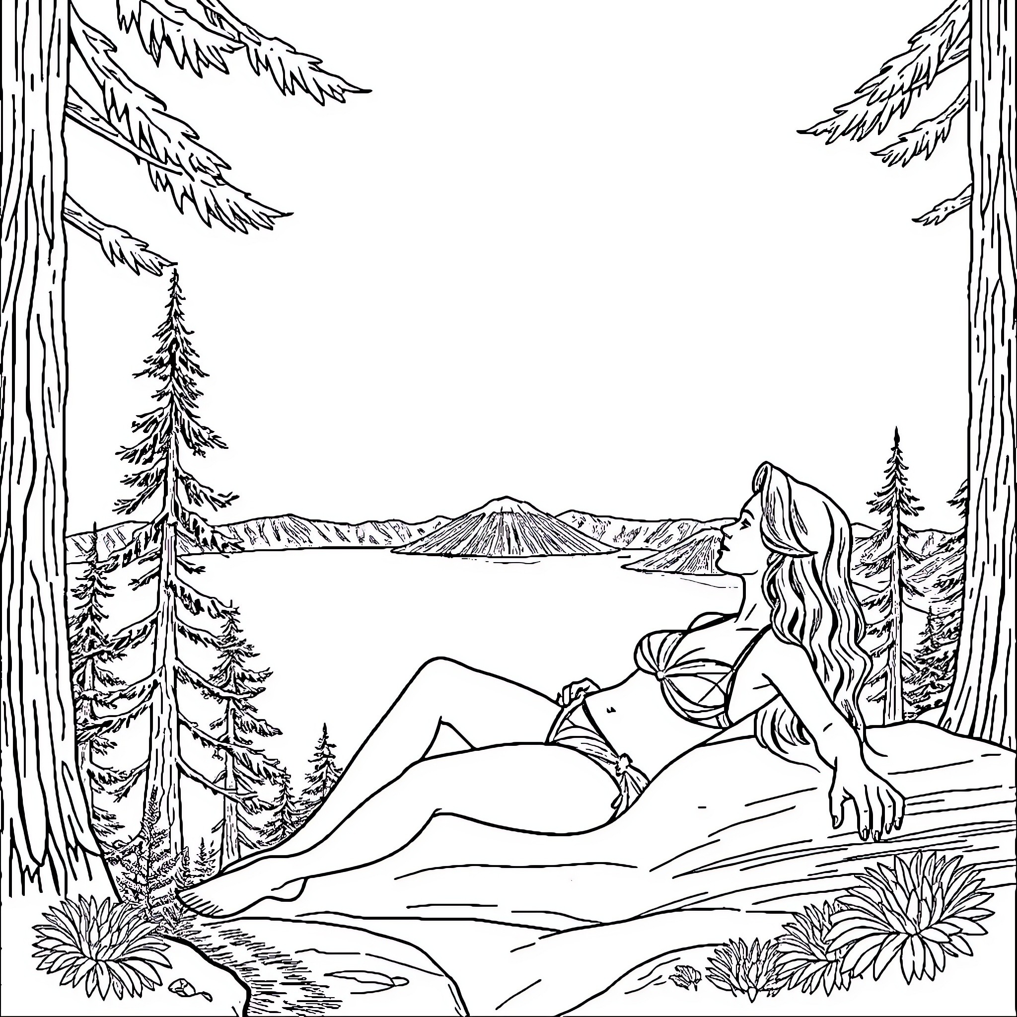 Hayley Atwell enjoying the tranquil nature scene Coloring Page (free black-and-white line drawing printable PDF for all, from beginners to advanced learners, including children, teens, adults, and seniors)