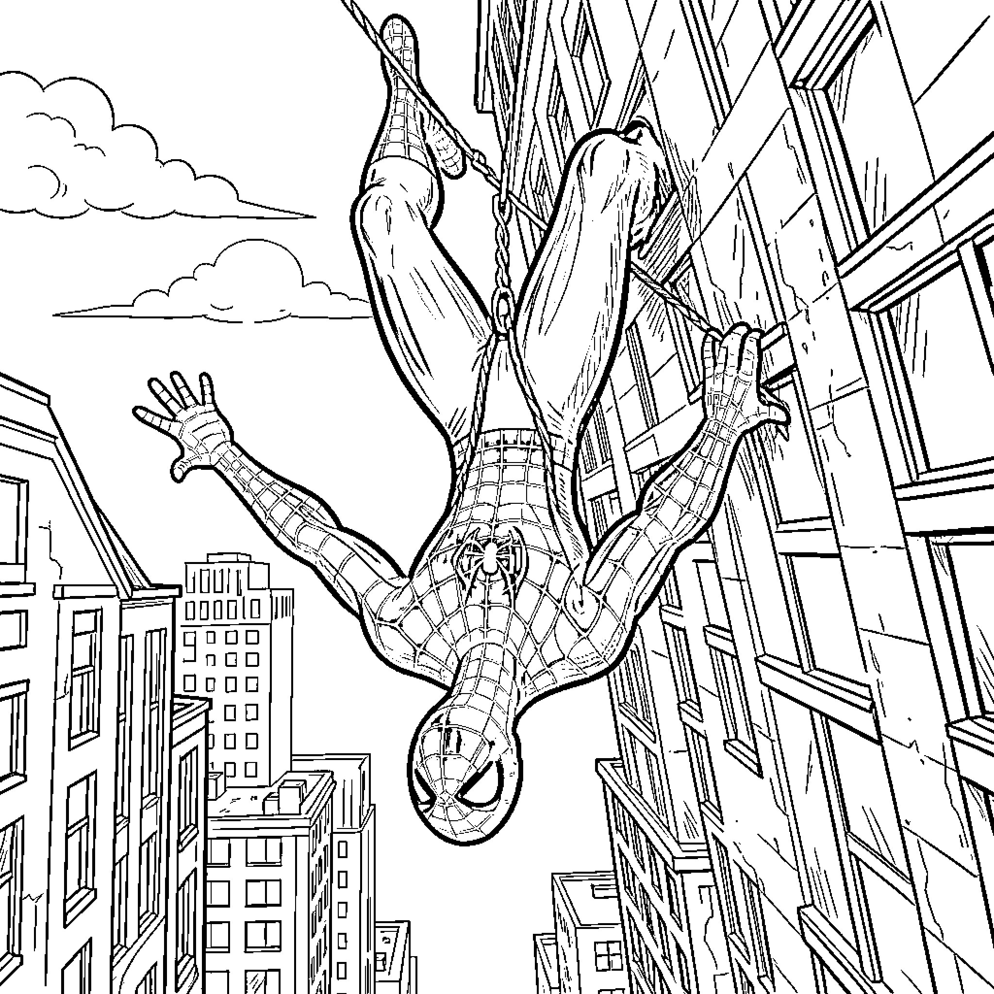 Hombre Araña swinging through the city skyline Coloring Page (free black-and-white line drawing printable PDF for all, from beginners to advanced learners, including children, teens, adults, and seniors)
