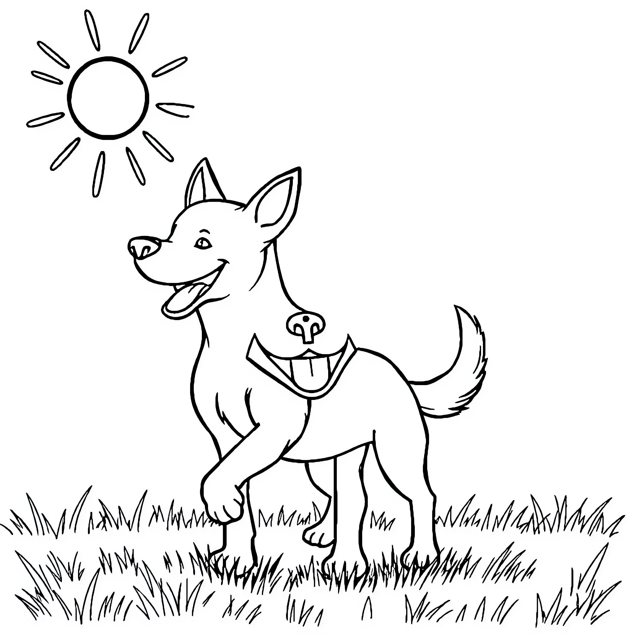 Dog exploring outdoors on a sunny day Coloring Page (free black-and-white line drawing printable PDF for all, from beginners to advanced learners, including children, teens, adults, and seniors)