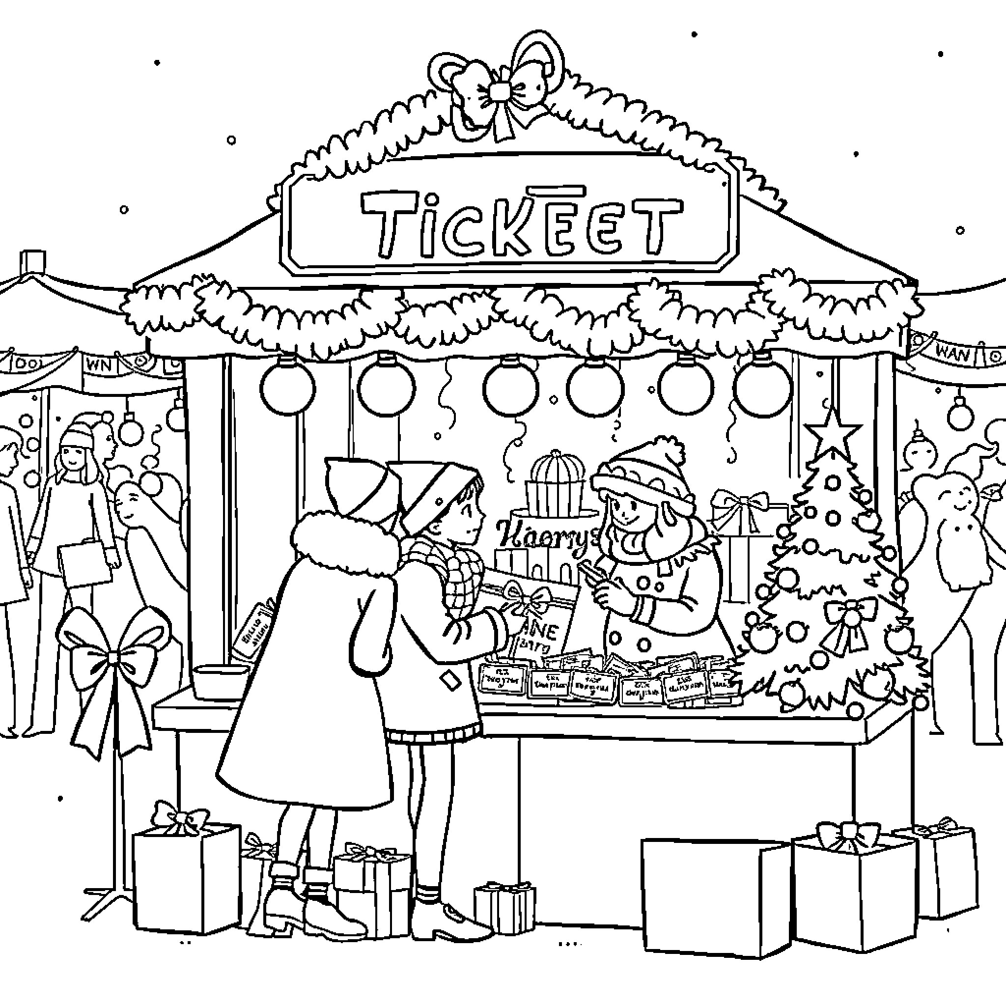 Christmas Ticket Booth with Festive Decorations and People Coloring Page (free black-and-white line drawing printable PDF for all, from beginners to advanced learners, including children, teens, adults, and seniors)
