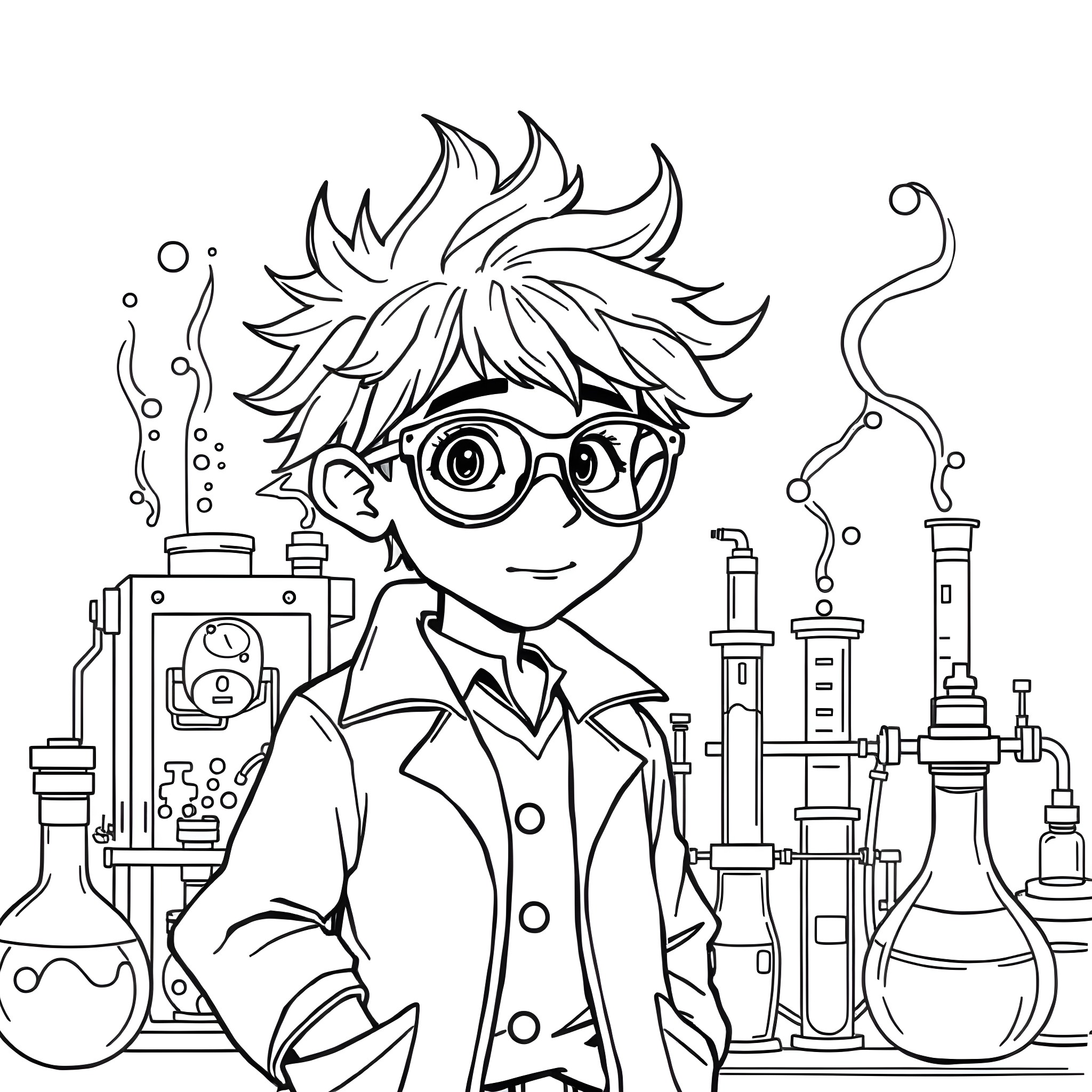 Dexter's Experiments in the Laboratory Coloring Page (free black-and-white line drawing printable PDF for all, from beginners to advanced learners, including children, teens, adults, and seniors)