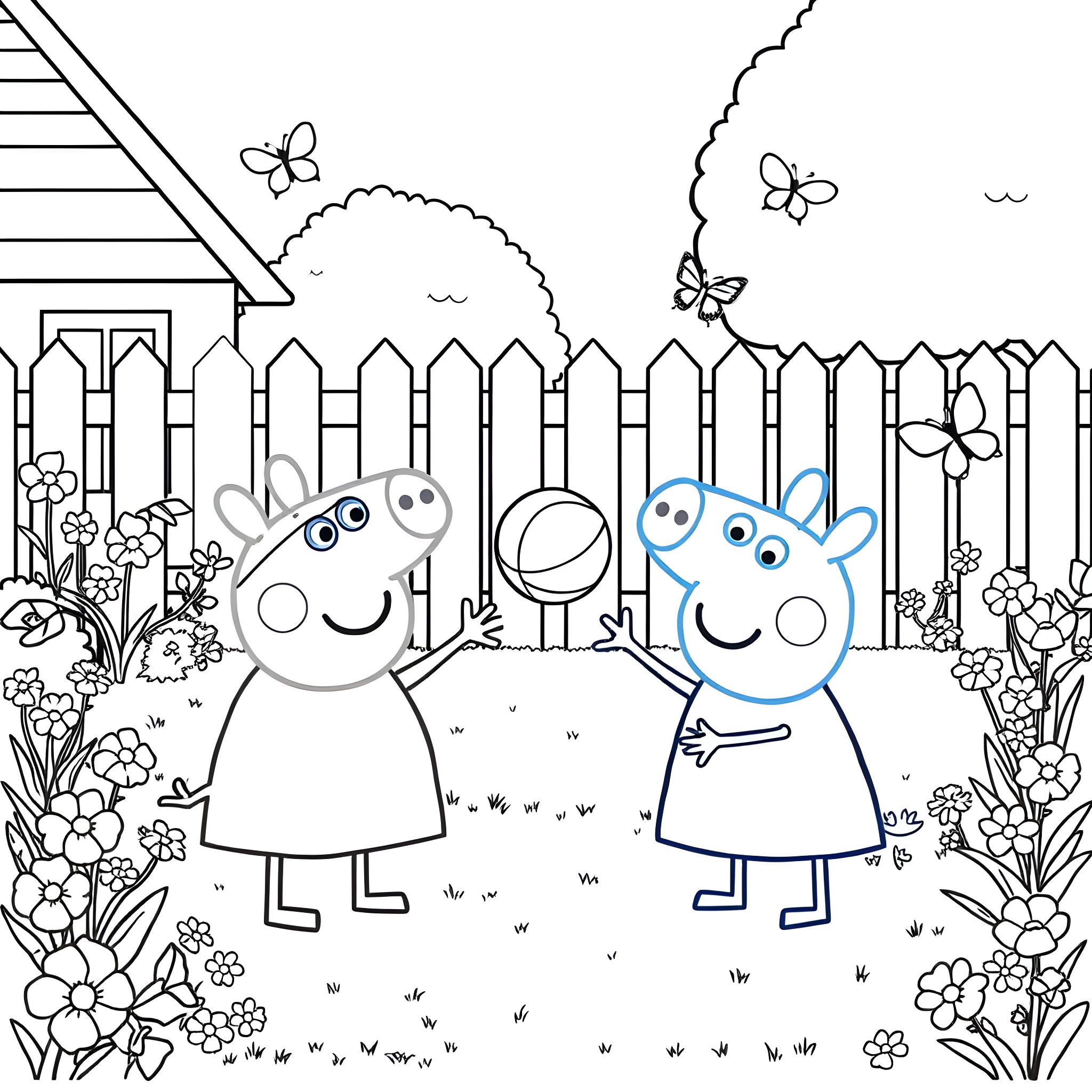 Peppa and George playing in the garden Coloring Page (free black-and-white line drawing printable PDF for all, from beginners to advanced learners, including children, teens, adults, and seniors)