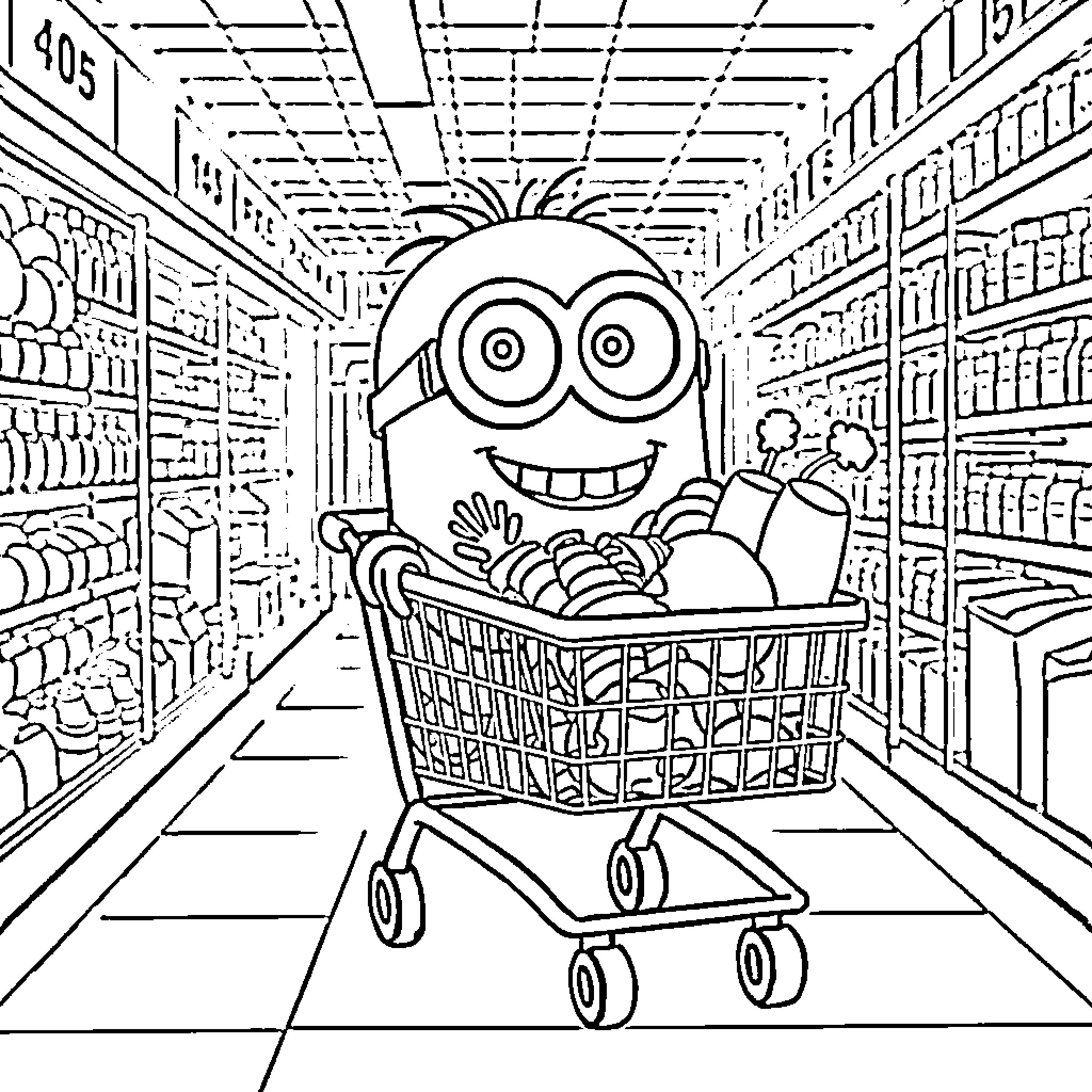 Minion shopping joyfully in the supermarket Coloring Page (free black-and-white line drawing printable PDF for all, from beginners to advanced learners, including children, teens, adults, and seniors)