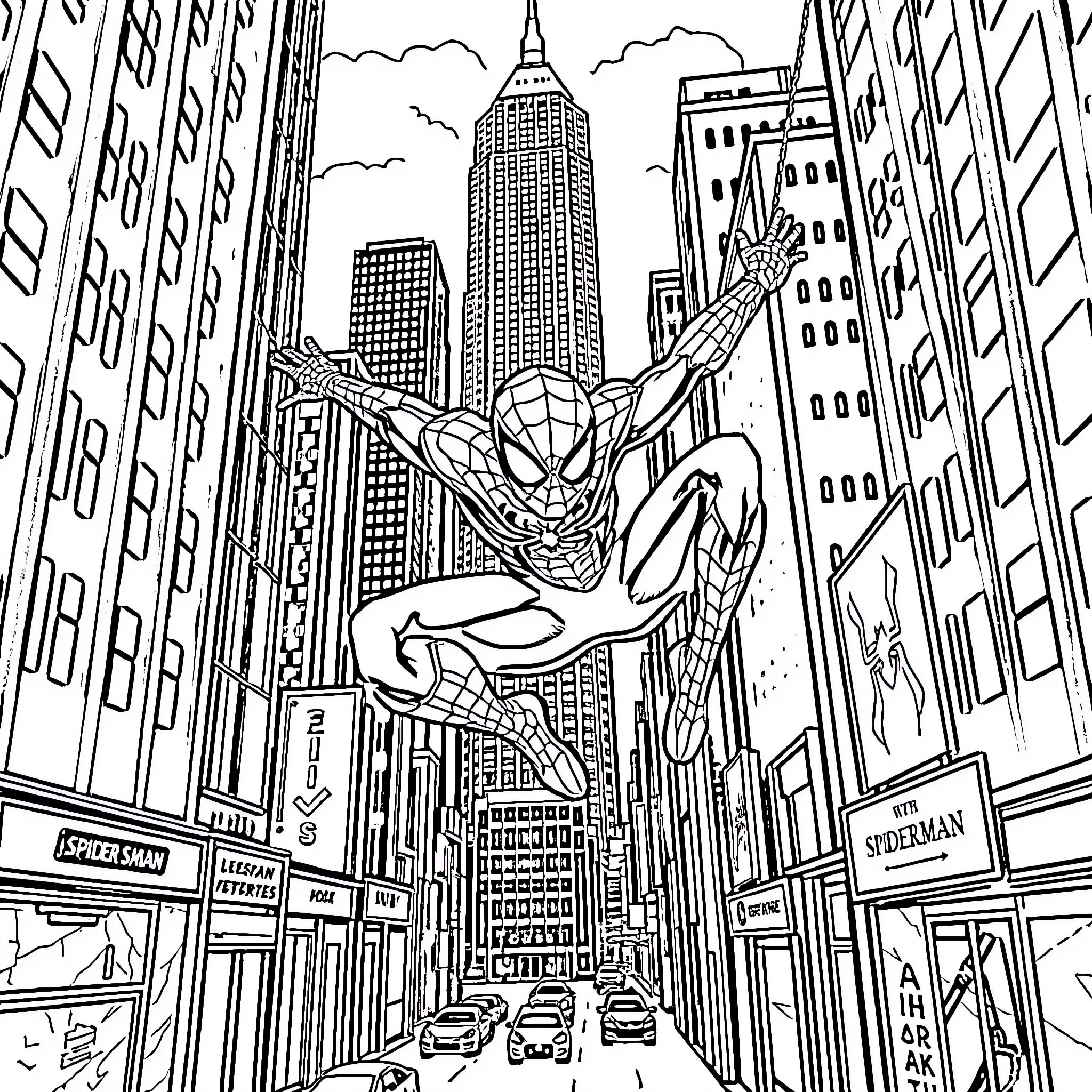 Spider-Man swinging over the bustling city streets Coloring Page (free black-and-white line drawing printable PDF for all, from beginners to advanced learners, including children, teens, adults, and seniors)