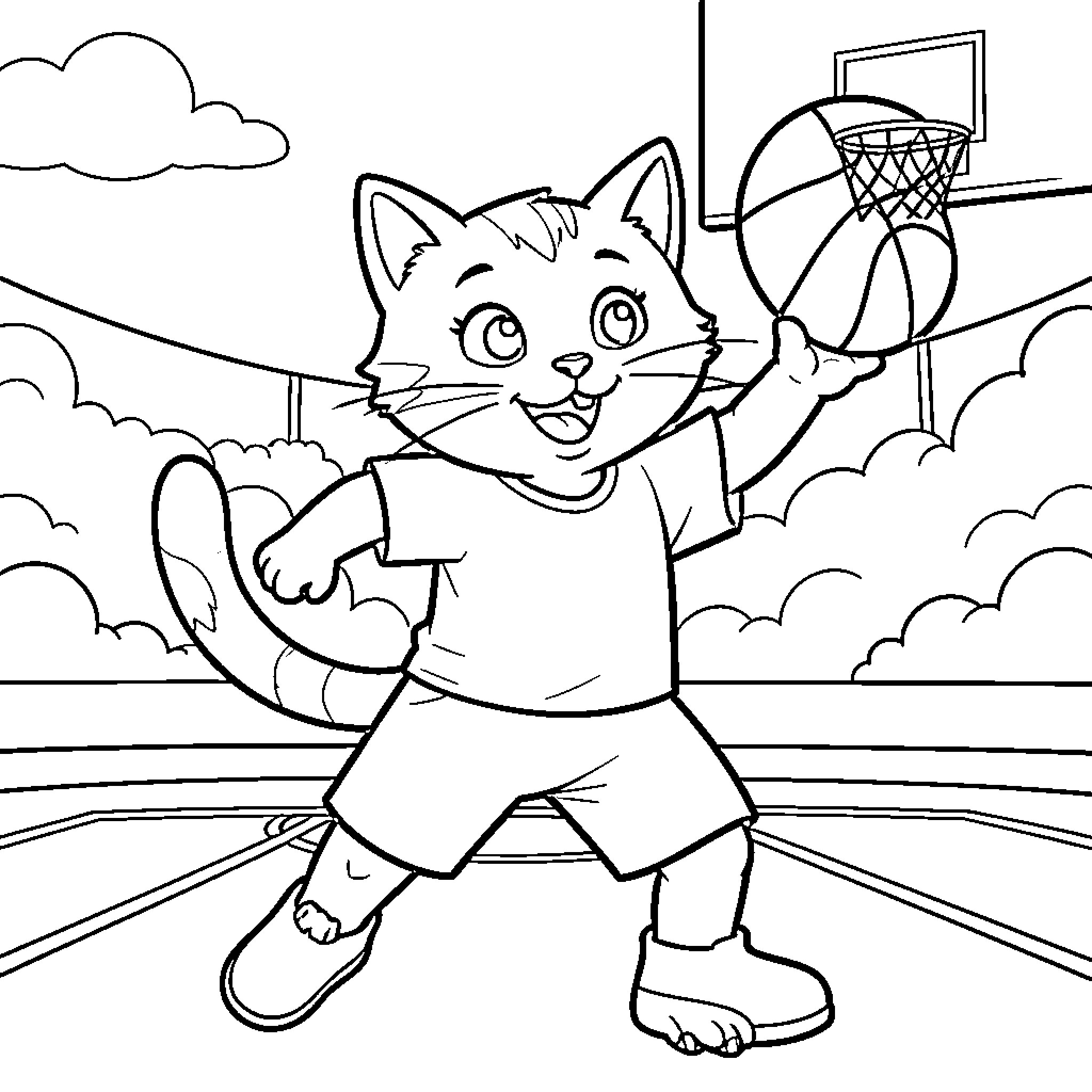Cat playing basketball on the court Coloring Page (free black-and-white line drawing printable PDF for all, from beginners to advanced learners, including children, teens, adults, and seniors)