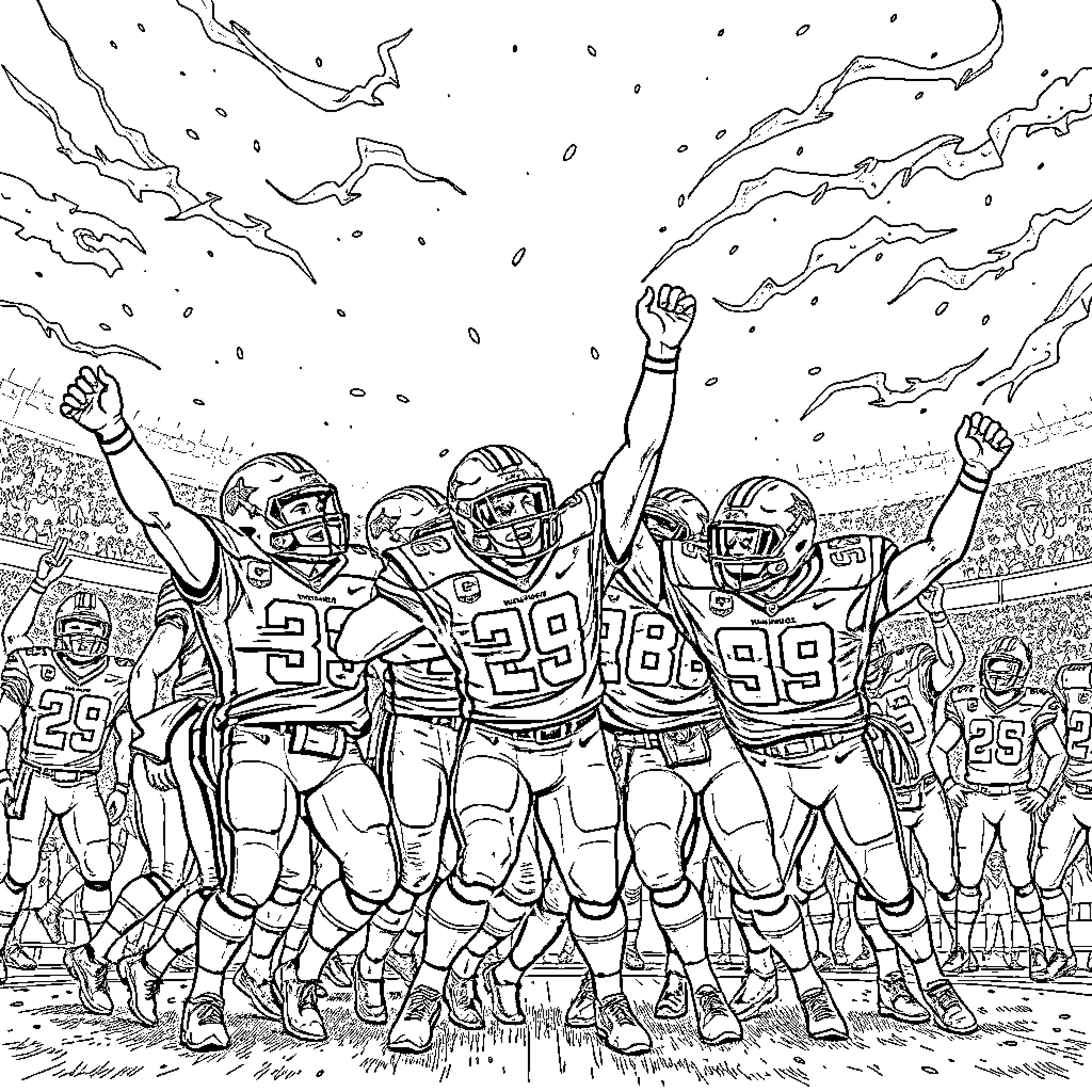 Football players celebrating victory in the stadium Coloring Page (free black-and-white line drawing printable PDF for all, from beginners to advanced learners, including children, teens, adults, and seniors)