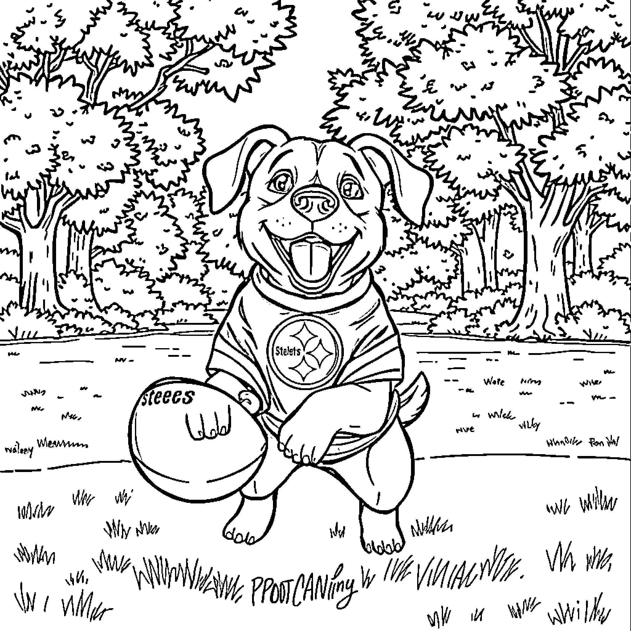 Dog playing with a ball in the forest Coloring Page (free black-and-white line drawing printable PDF for all, from beginners to advanced learners, including children, teens, adults, and seniors)
