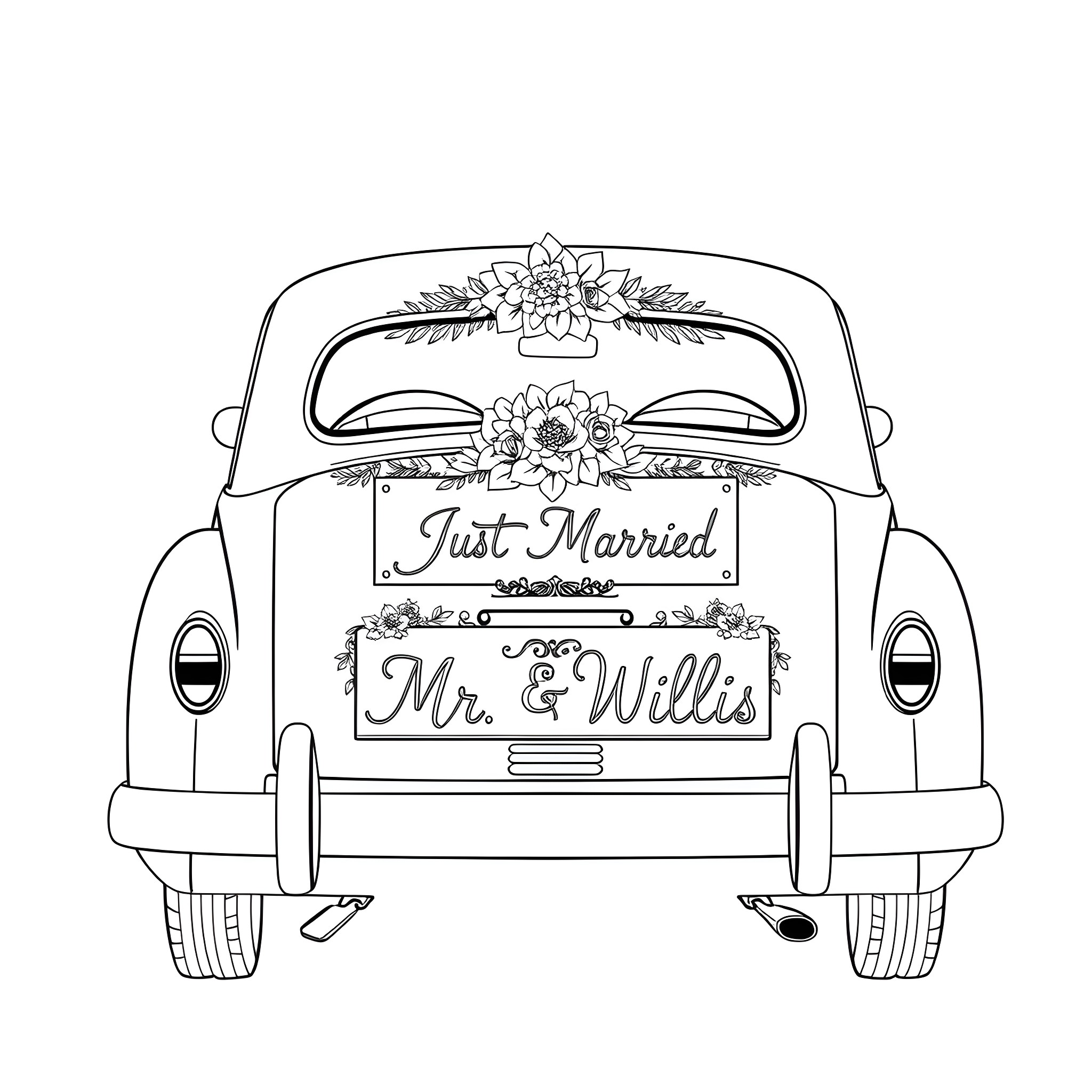 Car decorated with floral ornaments for a just married couple Coloring Page (free black-and-white line drawing printable PDF for all, from beginners to advanced learners, including children, teens, adults, and seniors)