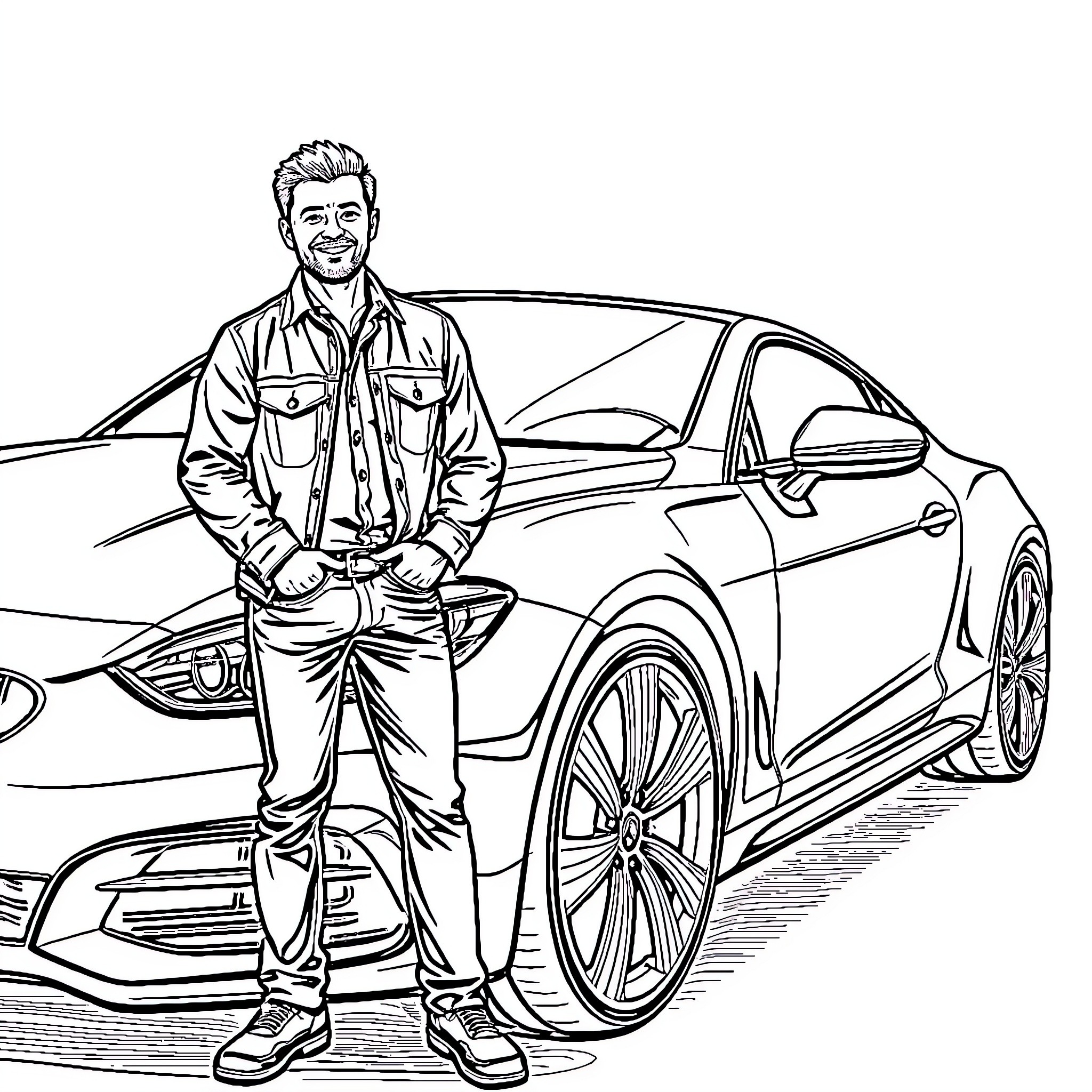 Man standing confidently next to luxury sports car Coloring Page (free black-and-white line drawing printable PDF for all, from beginners to advanced learners, including children, teens, adults, and seniors)