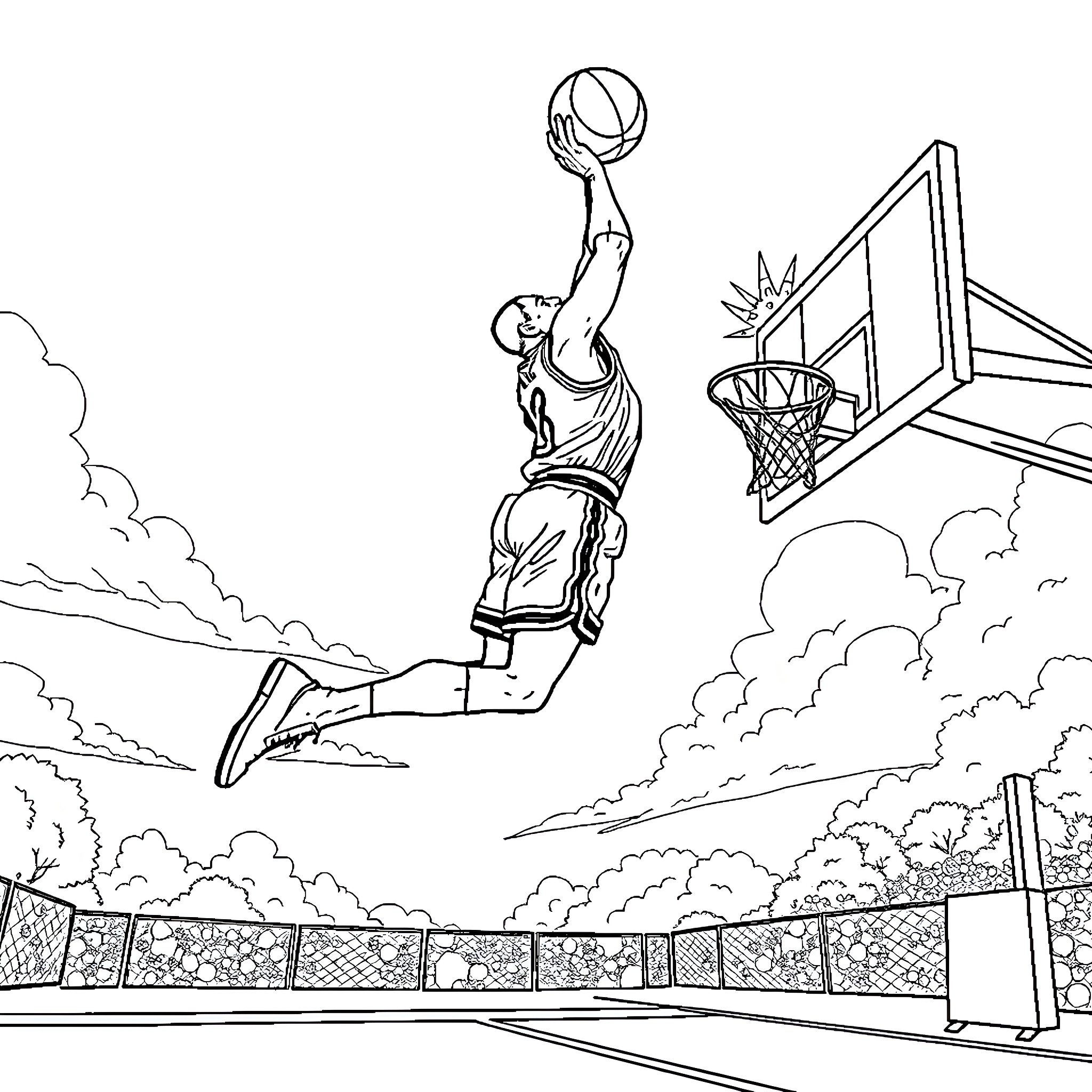 Michael Jordan Soaring Dunk on Basketball Court Coloring Page (free black-and-white line drawing printable PDF for all, from beginners to advanced learners, including children, teens, adults, and seniors)