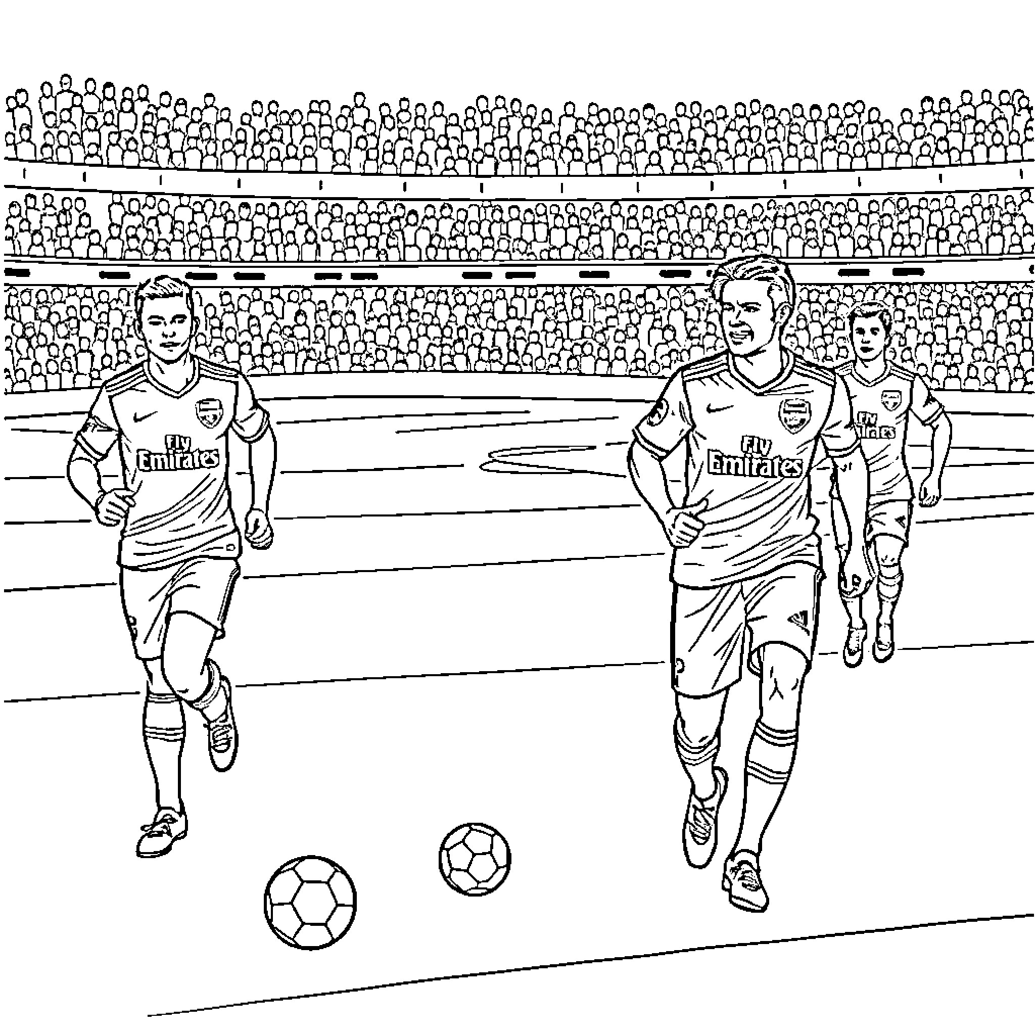 Footballer players competing on the pitch Coloring Page (free black-and-white line drawing printable PDF for all, from beginners to advanced learners, including children, teens, adults, and seniors)