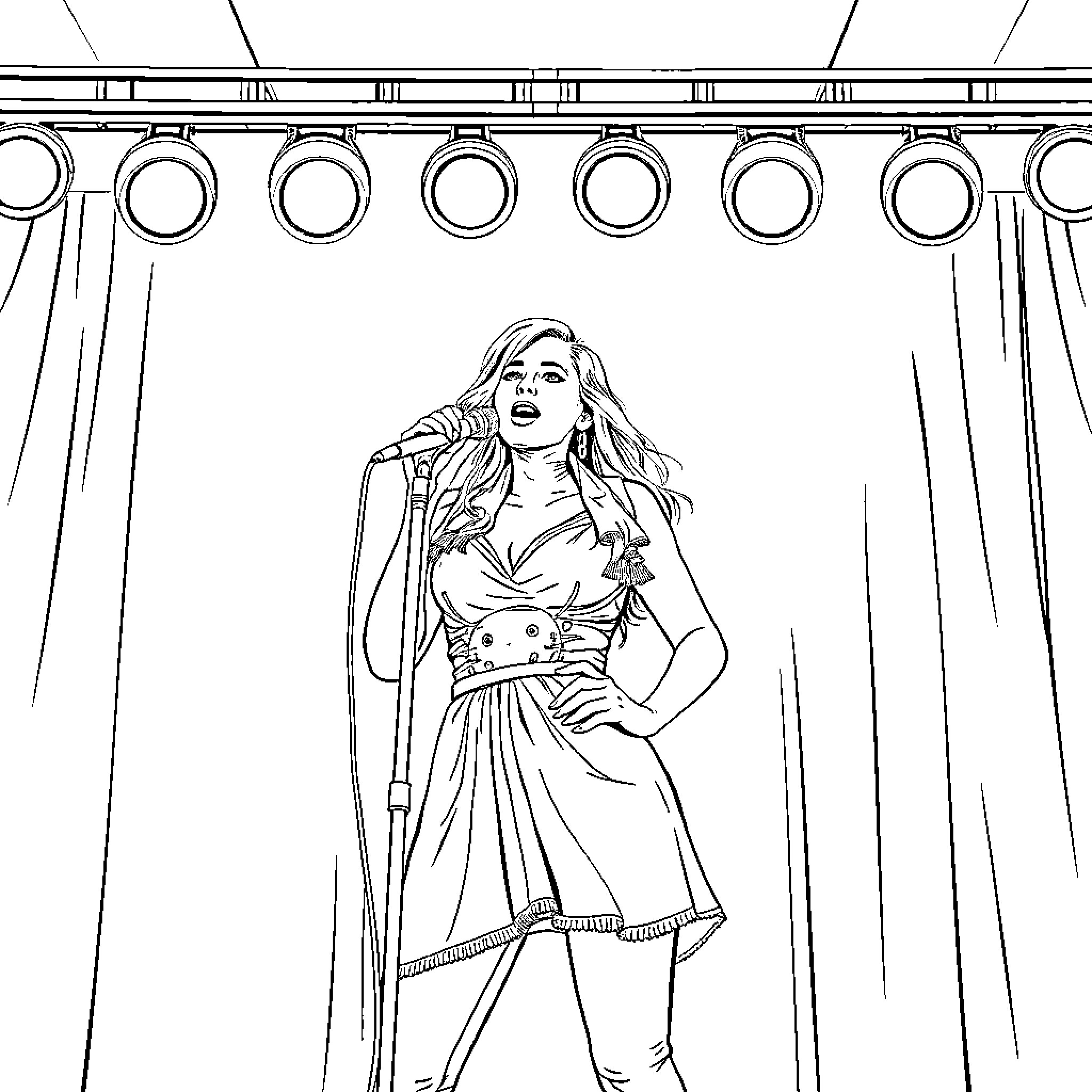 Huntress posing confidently on a stage Coloring Page (free black-and-white line drawing printable PDF for all, from beginners to advanced learners, including children, teens, adults, and seniors)