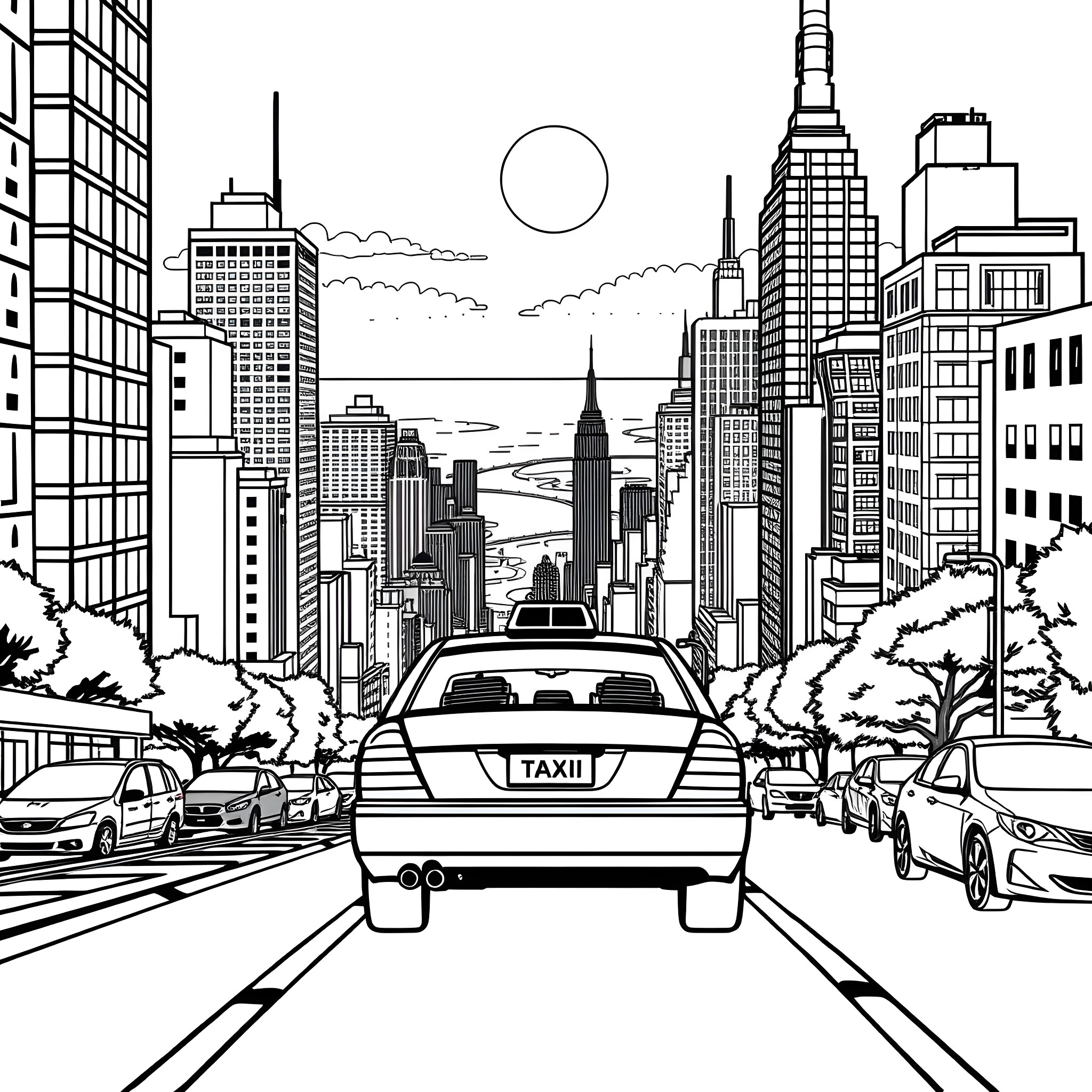 Taxi in the bustling city streets Coloring Page (free black-and-white line drawing printable PDF for all, from beginners to advanced learners, including children, teens, adults, and seniors)