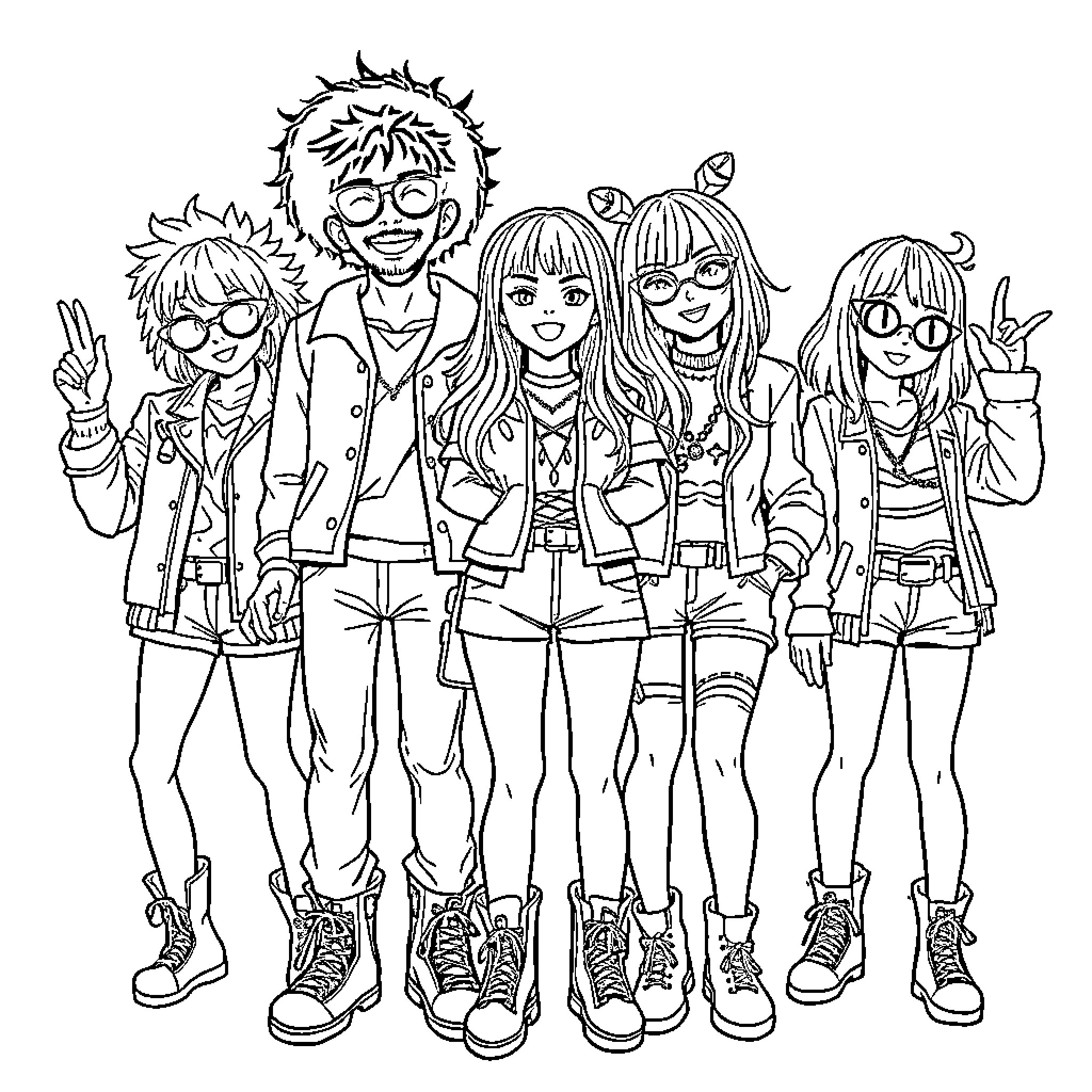 K Pop Group Posing Playfully in Stylish Outfits Coloring Page (free black-and-white line drawing printable PDF for all, from beginners to advanced learners, including children, teens, adults, and seniors)