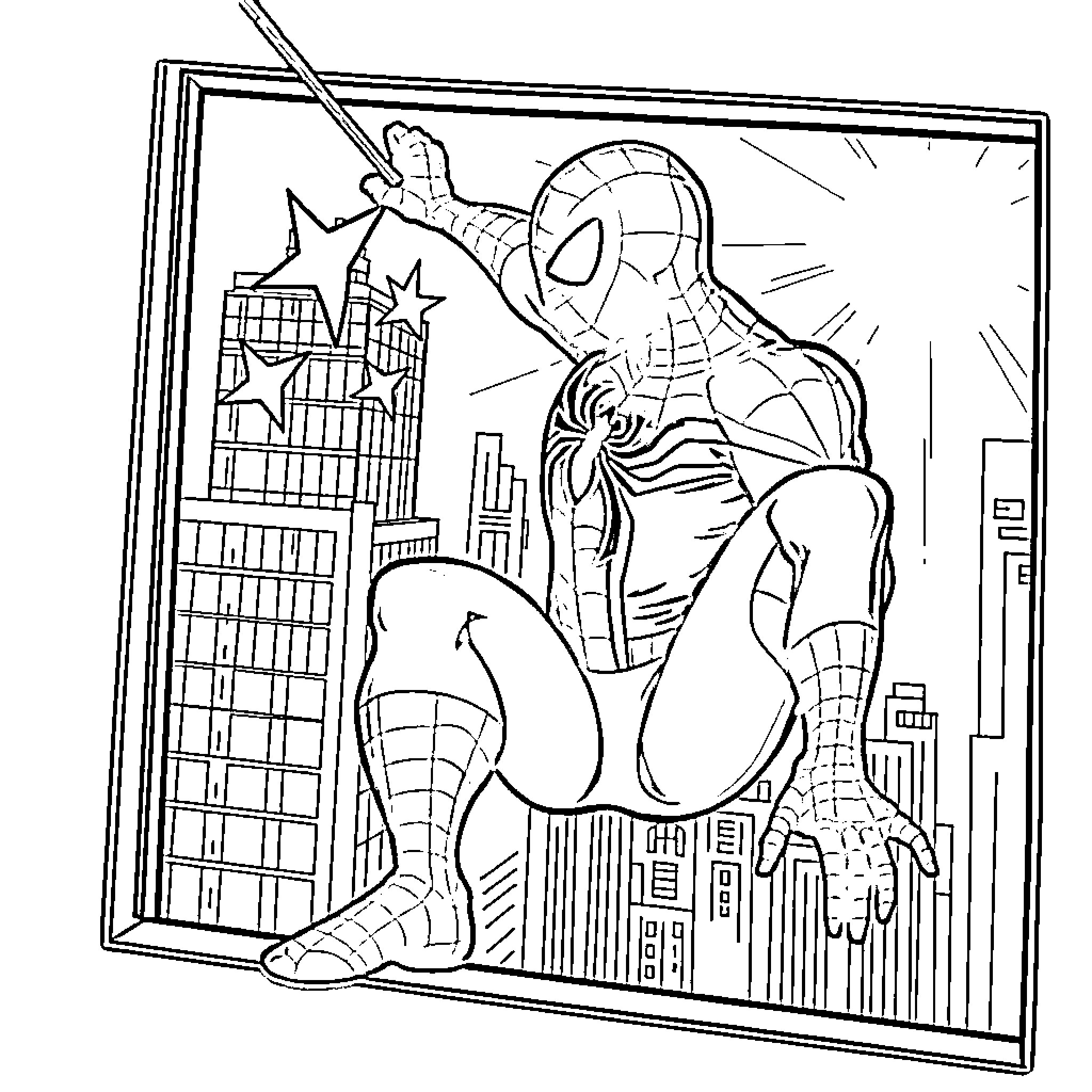 Spiderman swinging through the city skyline Coloring Page (free black-and-white line drawing printable PDF for all, from beginners to advanced learners, including children, teens, adults, and seniors)
