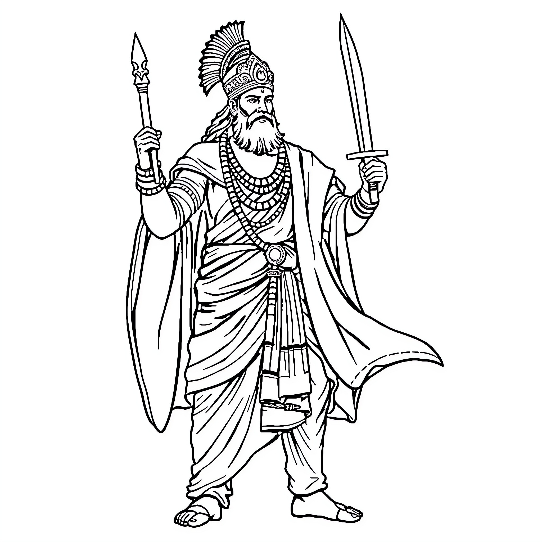 Shivaji Maharaj in Regal Attire Wielding Weapons Coloring Page (free black-and-white line drawing printable PDF for all, from beginners to advanced learners, including children, teens, adults, and seniors)