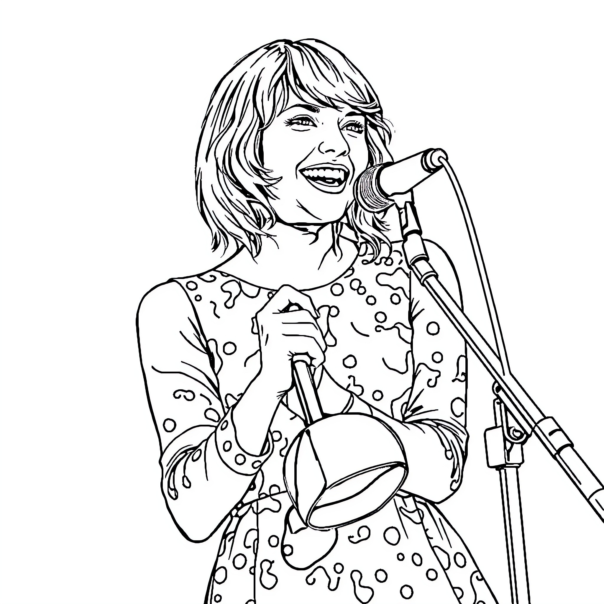 Taylor Swift performing on stage with microphone Coloring Page (free black-and-white line drawing printable PDF for all, from beginners to advanced learners, including children, teens, adults, and seniors)