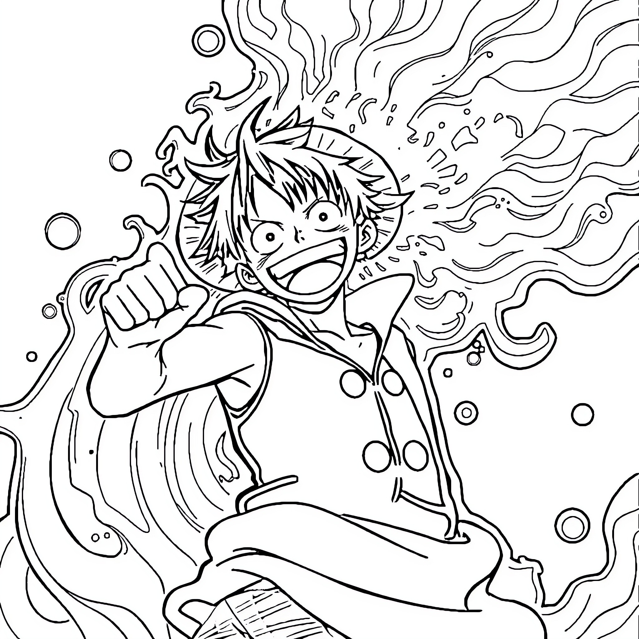 Luffy's Spirited Adventure in the Sea Coloring Page (free black-and-white line drawing printable PDF for all, from beginners to advanced learners, including children, teens, adults, and seniors)