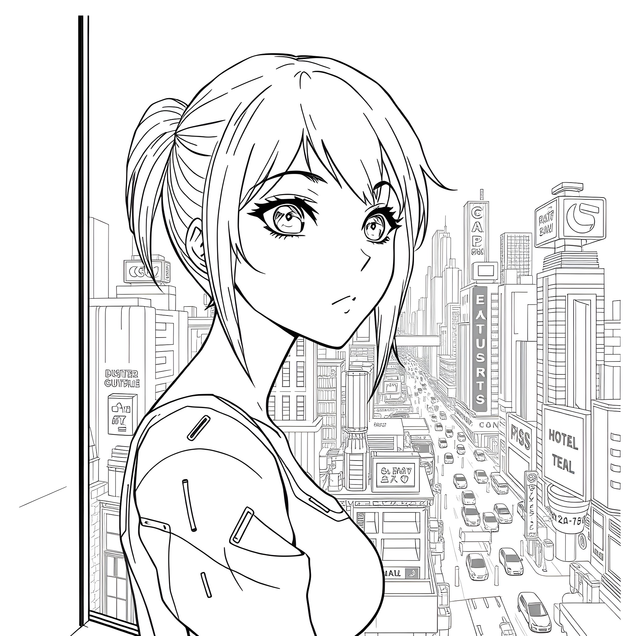 Anime Girl in Cityscape with Wistful Expression Coloring Page (free black-and-white line drawing printable PDF for all, from beginners to advanced learners, including children, teens, adults, and seniors)
