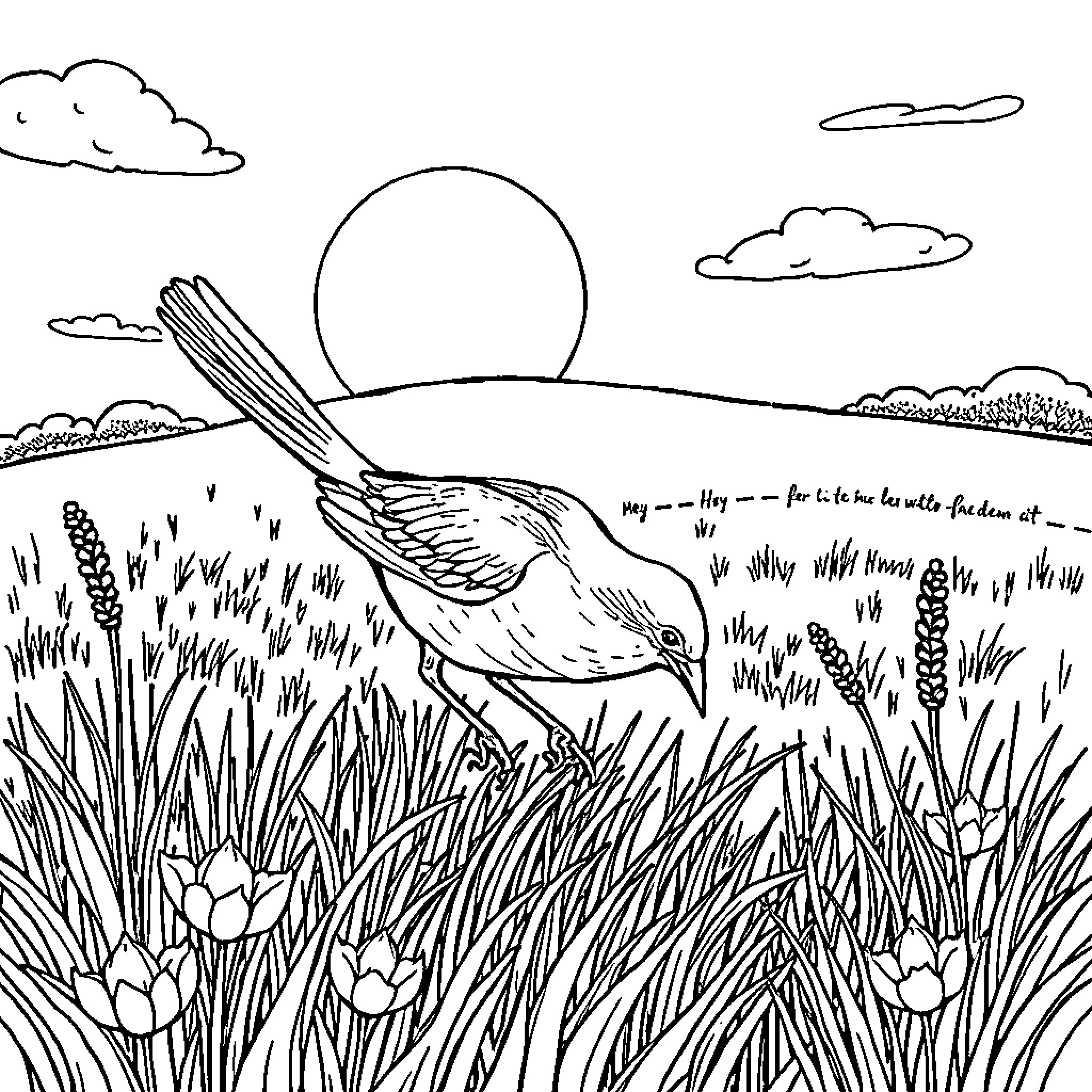 Bird exploring the scenic landscape Coloring Page (free black-and-white line drawing printable PDF for all, from beginners to advanced learners, including children, teens, adults, and seniors)