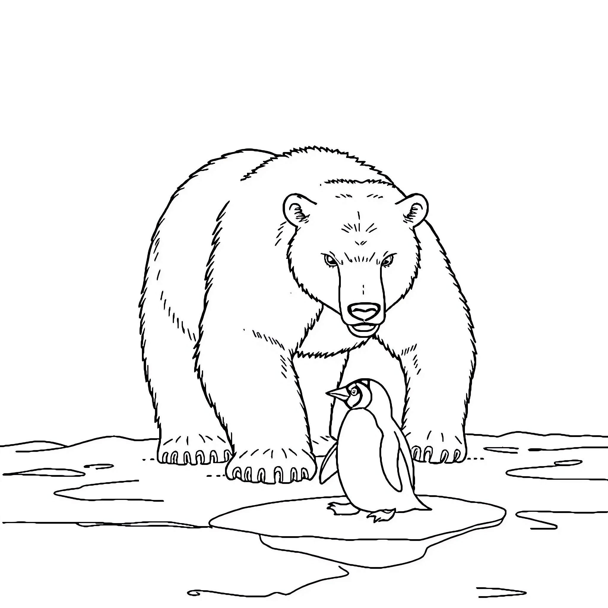 Penguin and polar bear in the winter landscape Coloring Page (free black-and-white line drawing printable PDF for all, from beginners to advanced learners, including children, teens, adults, and seniors)