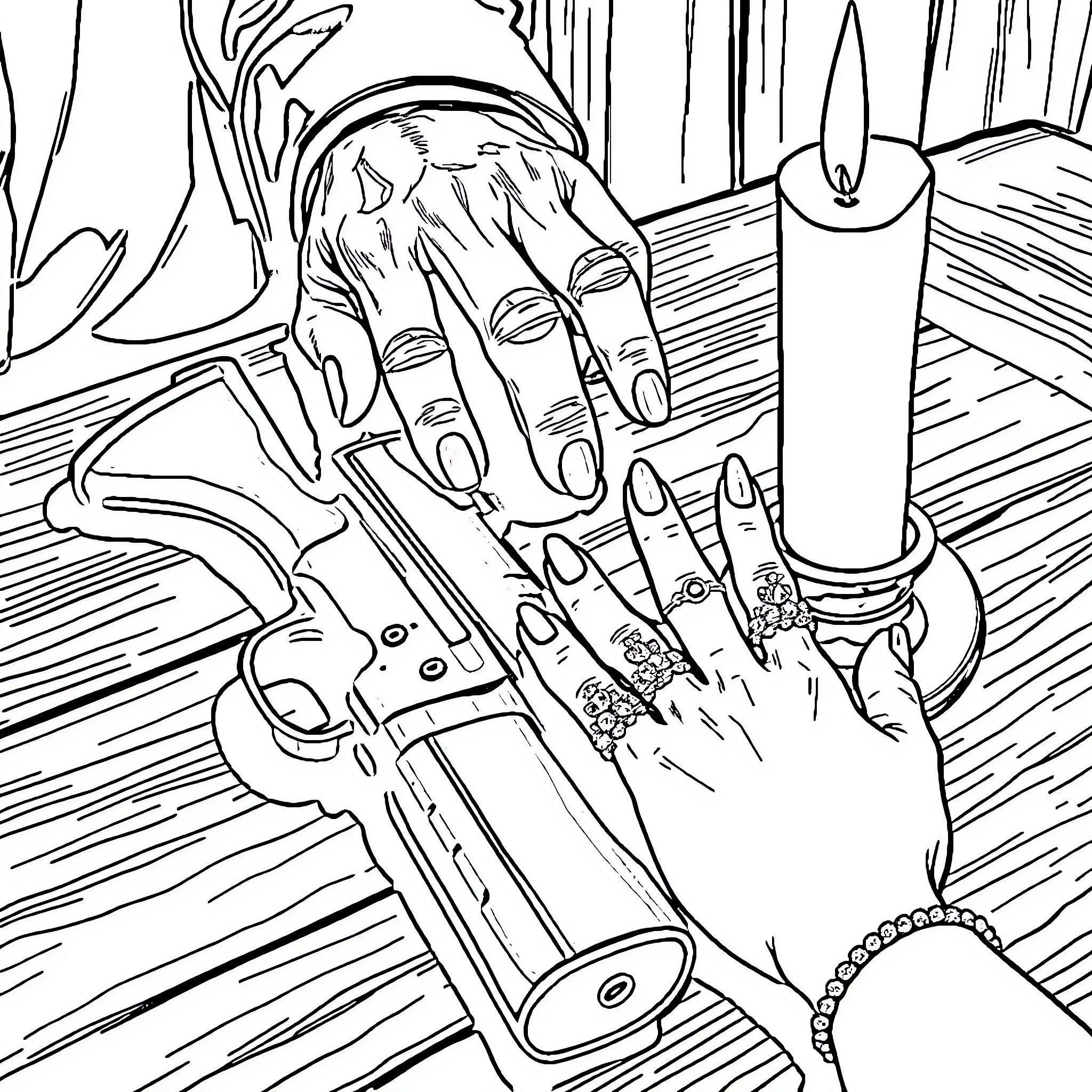 Hand Holding Magical Wand and Candle Coloring Page (free black-and-white line drawing printable PDF for all, from beginners to advanced learners, including children, teens, adults, and seniors)