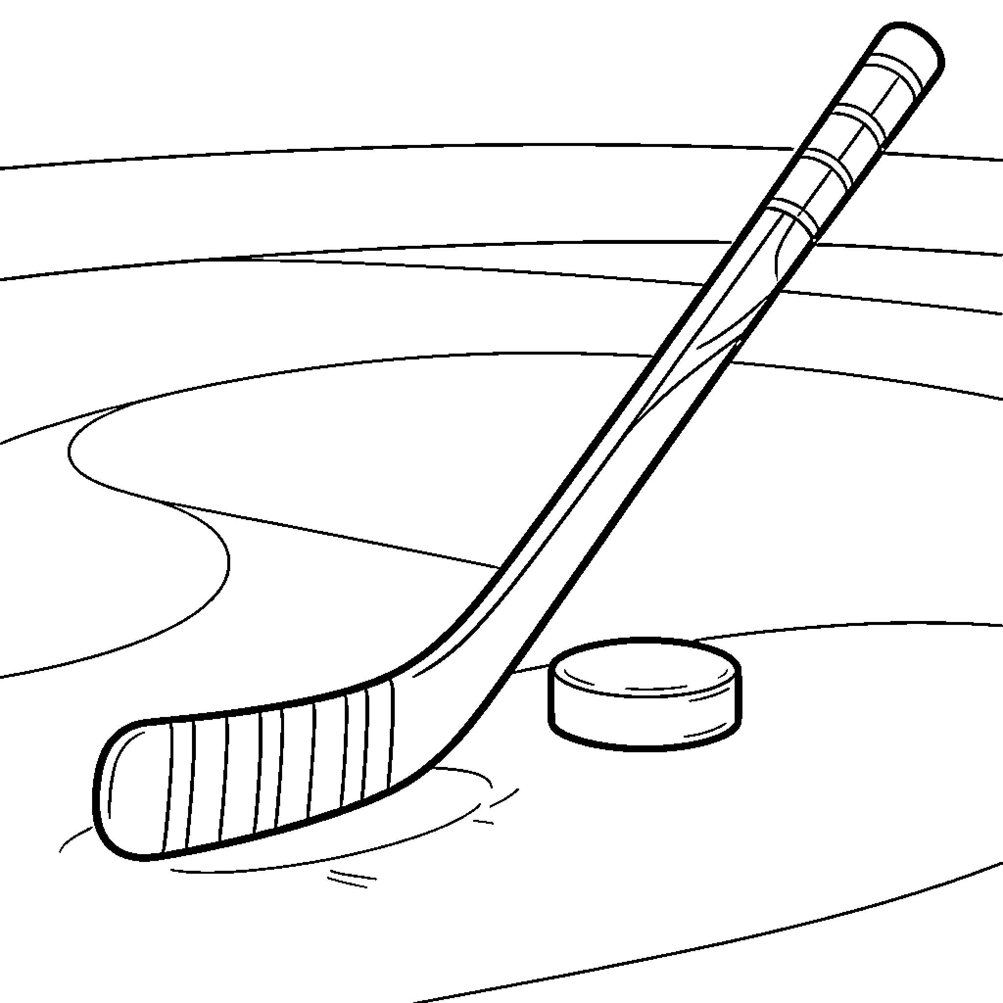 Hockey Stick and Puck on the Ice Rink Coloring Page (free black-and-white line drawing printable PDF for all, from beginners to advanced learners, including children, teens, adults, and seniors)