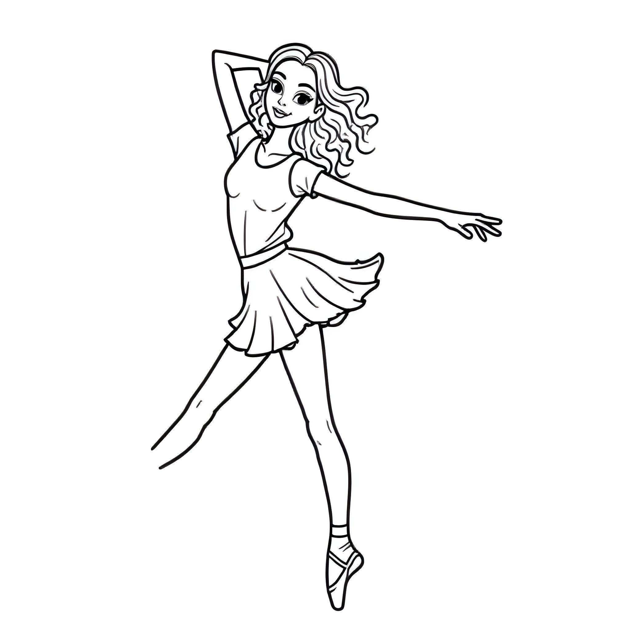 Ballerina performing graceful dance moves Coloring Page (free black-and-white line drawing printable PDF for all, from beginners to advanced learners, including children, teens, adults, and seniors)
