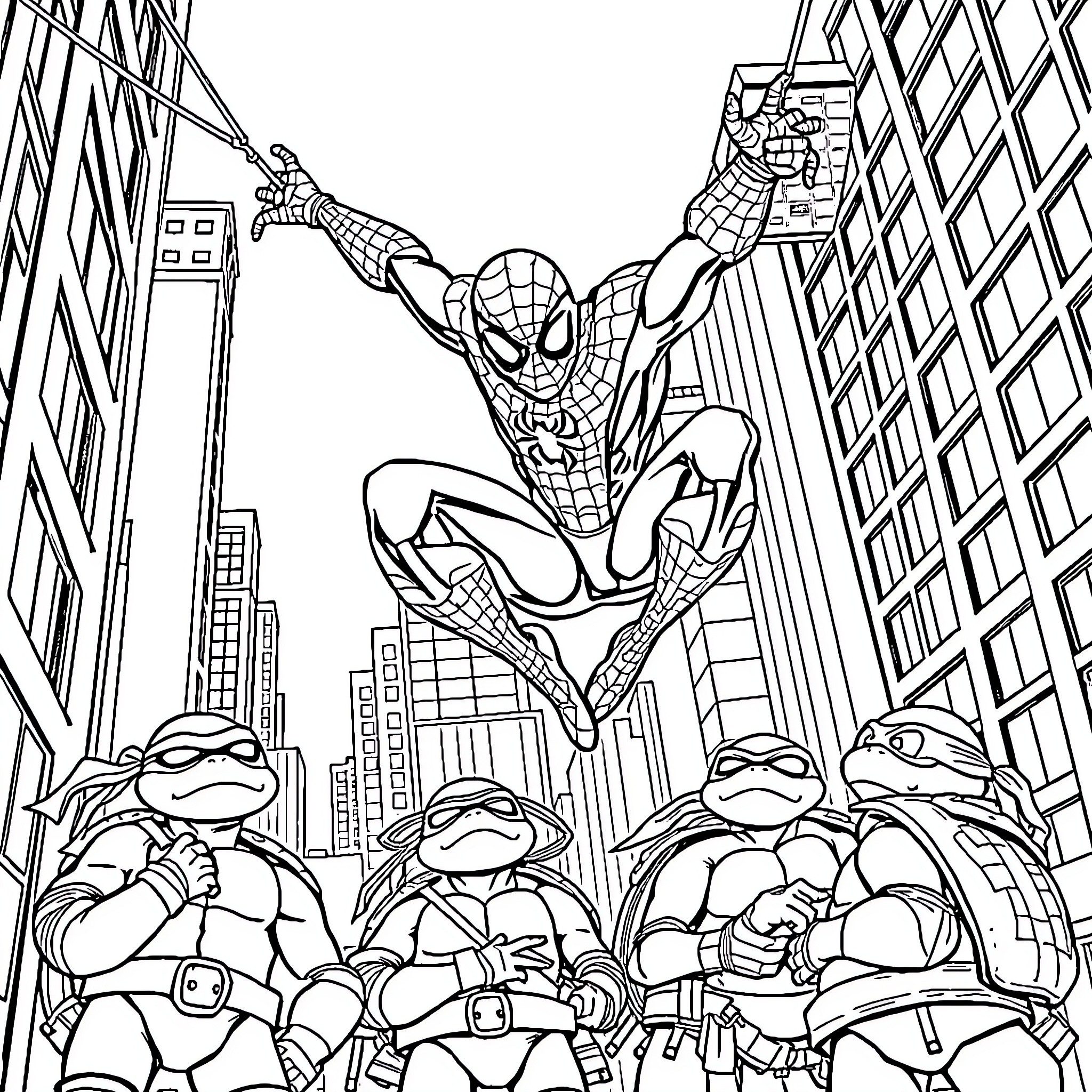 Spiderman swinging through the city with Ninja Turtles Coloring Page (free black-and-white line drawing printable PDF for all, from beginners to advanced learners, including children, teens, adults, and seniors)
