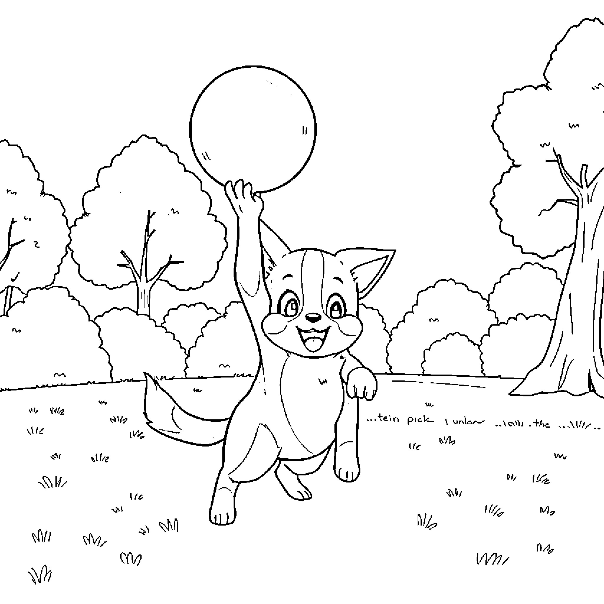 Kuromi playing joyfully in whimsical forest setting Coloring Page (free black-and-white line drawing printable PDF for all, from beginners to advanced learners, including children, teens, adults, and seniors)